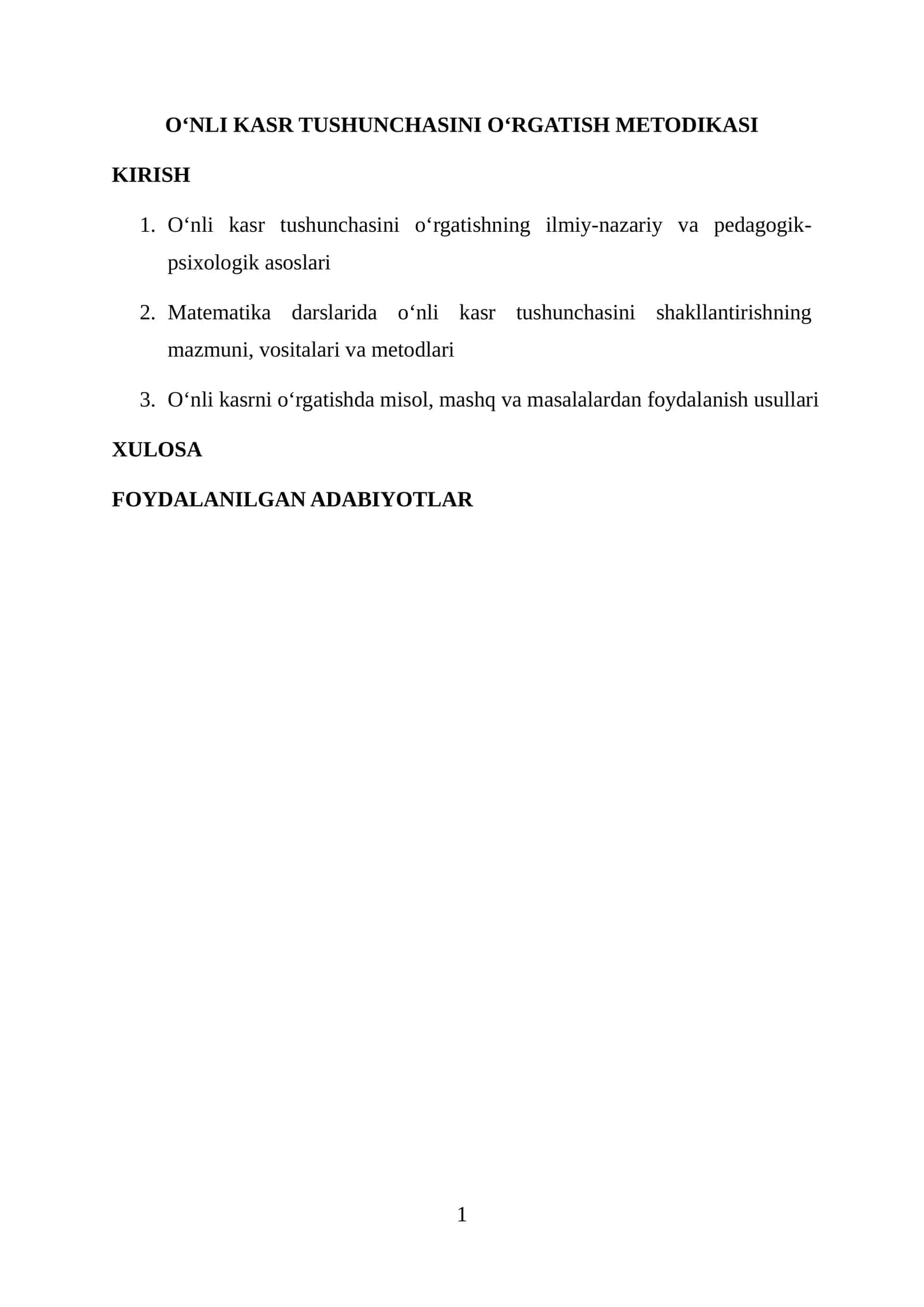 O‘NLI KASR TUSHUNCHASINI O‘RGATISH METODIKASI