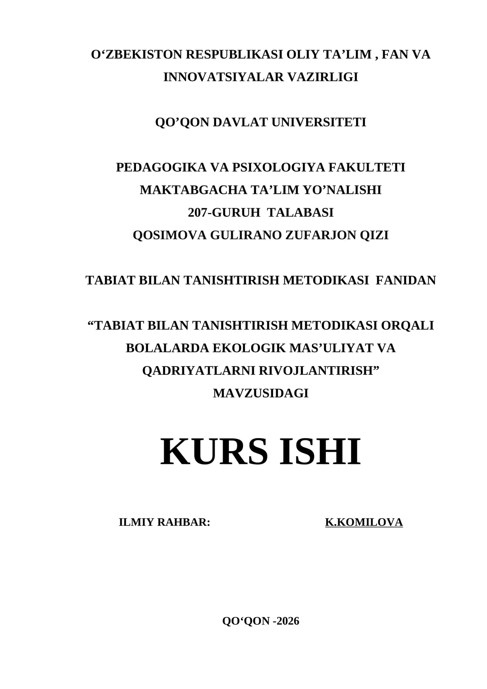 TABIAT BILAN TANISHTIRISH METODIKASI ORQALI BOLALARDA EKOLOGIK MAS’ULIYAT VA QADRIYATLARNI RIVOJLANTIRISH
