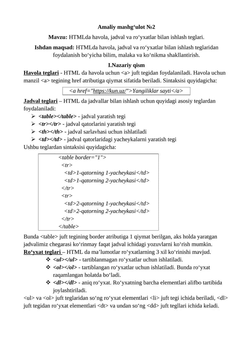 Amaliy mashg‘ulot №2