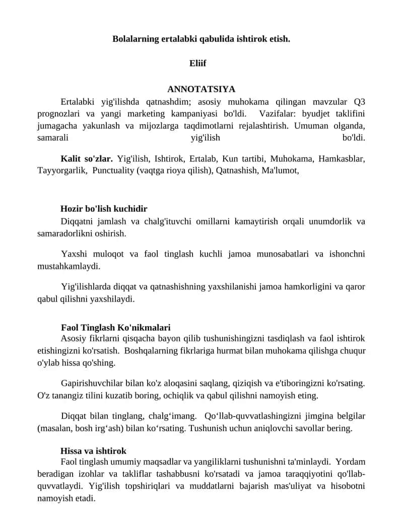 Bolalarning ertalabki qabulida ishtirok
