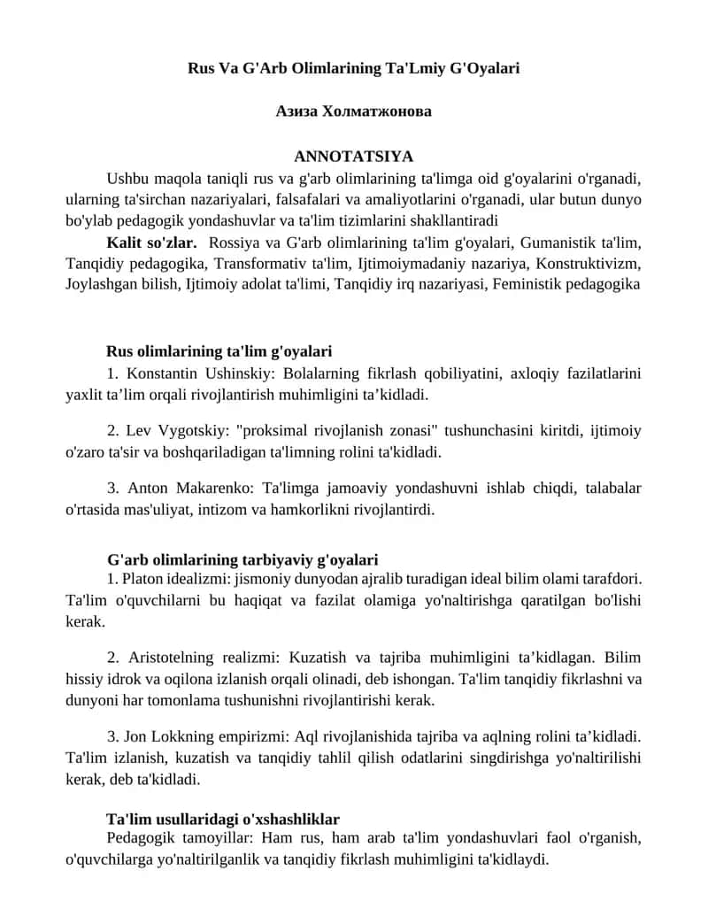 Rus Va G'Arb Olimlarining Ta'Lmiy G'Oyalari
