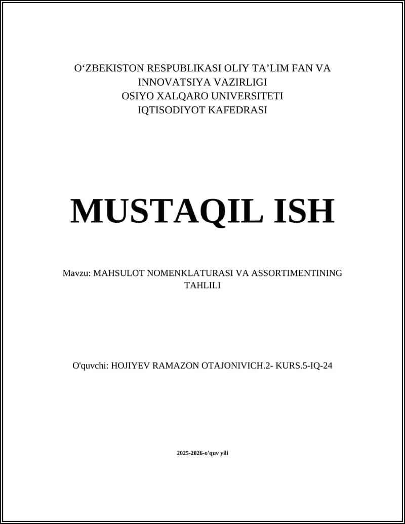 MAHSULOT NOMENKLATURASI VA ASSORTIMENTINING TAHLILI