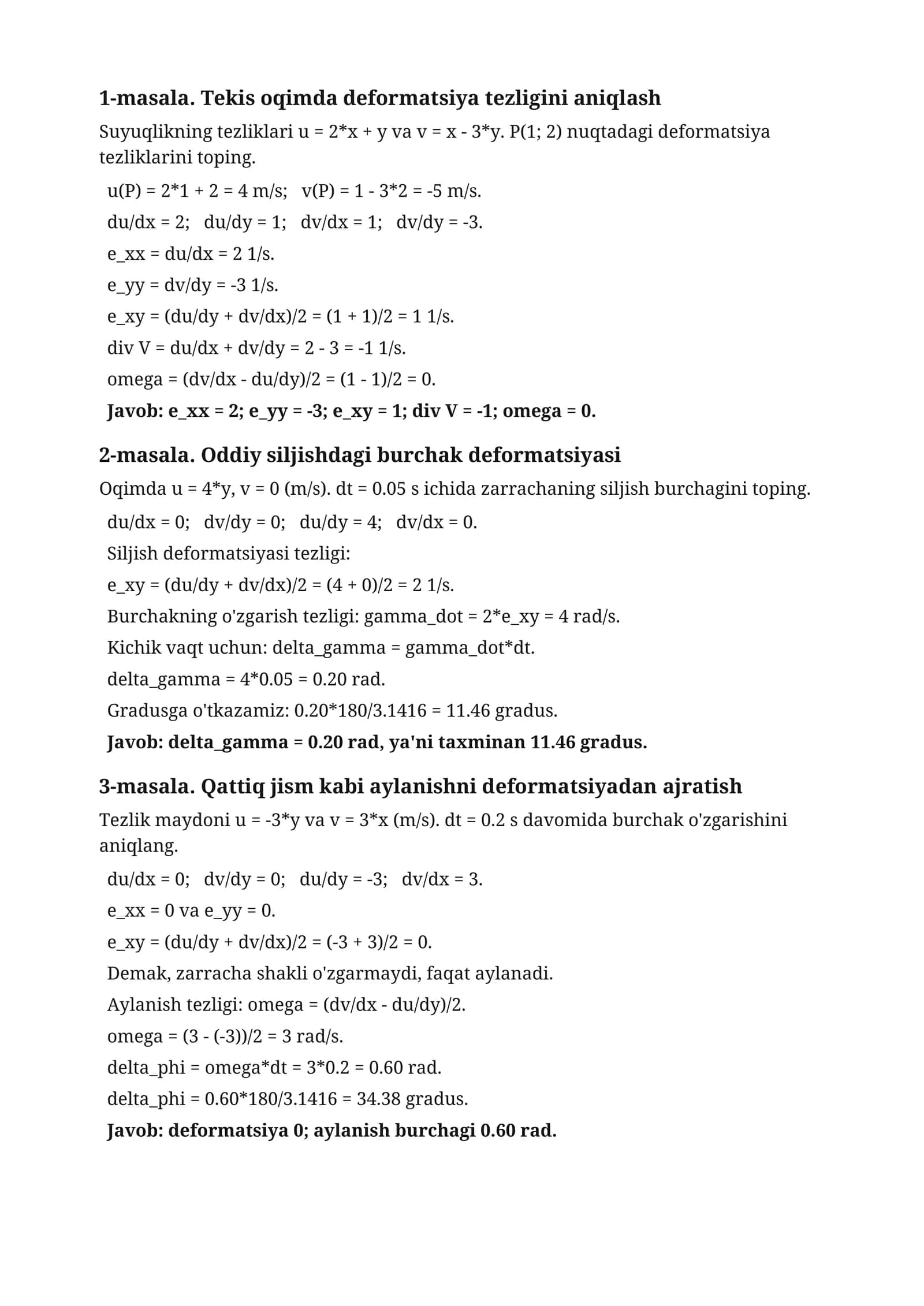 1-masala. Tekis oqimda deformatsiya tezligini aniqlash