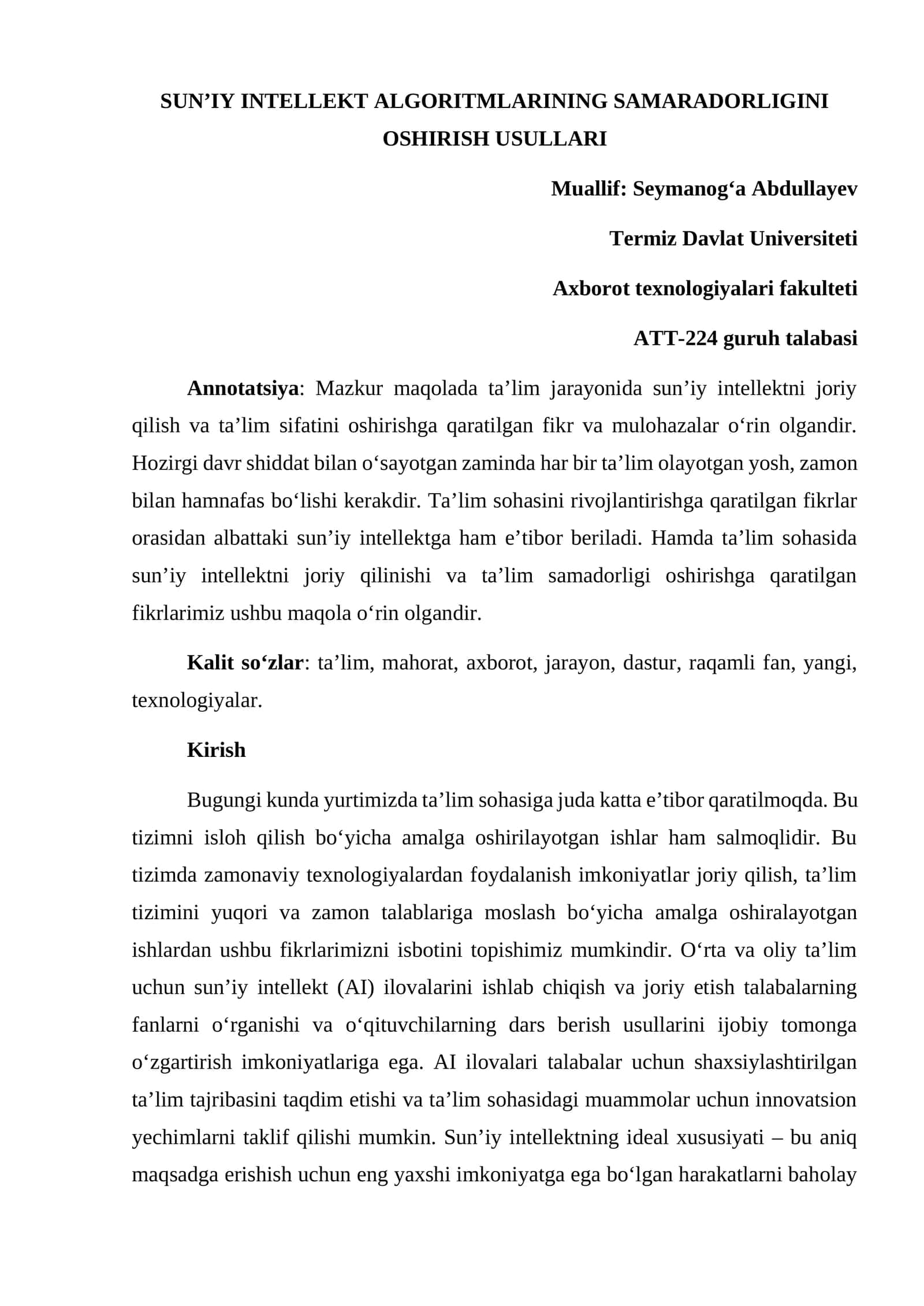 SUNʼIY INTELLEKT ALGORITMLARINING SAMARADORLIGINI OSHIRISH USULLARI
