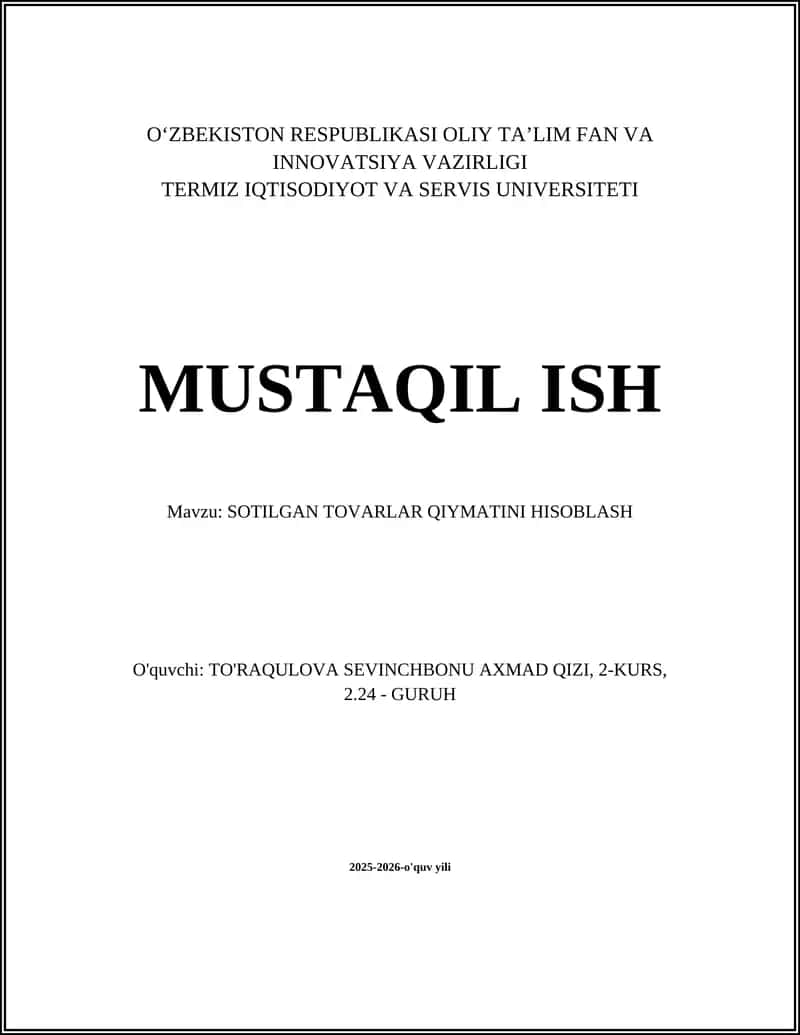 Sotilgan tovarlar qiymatini hisoblash