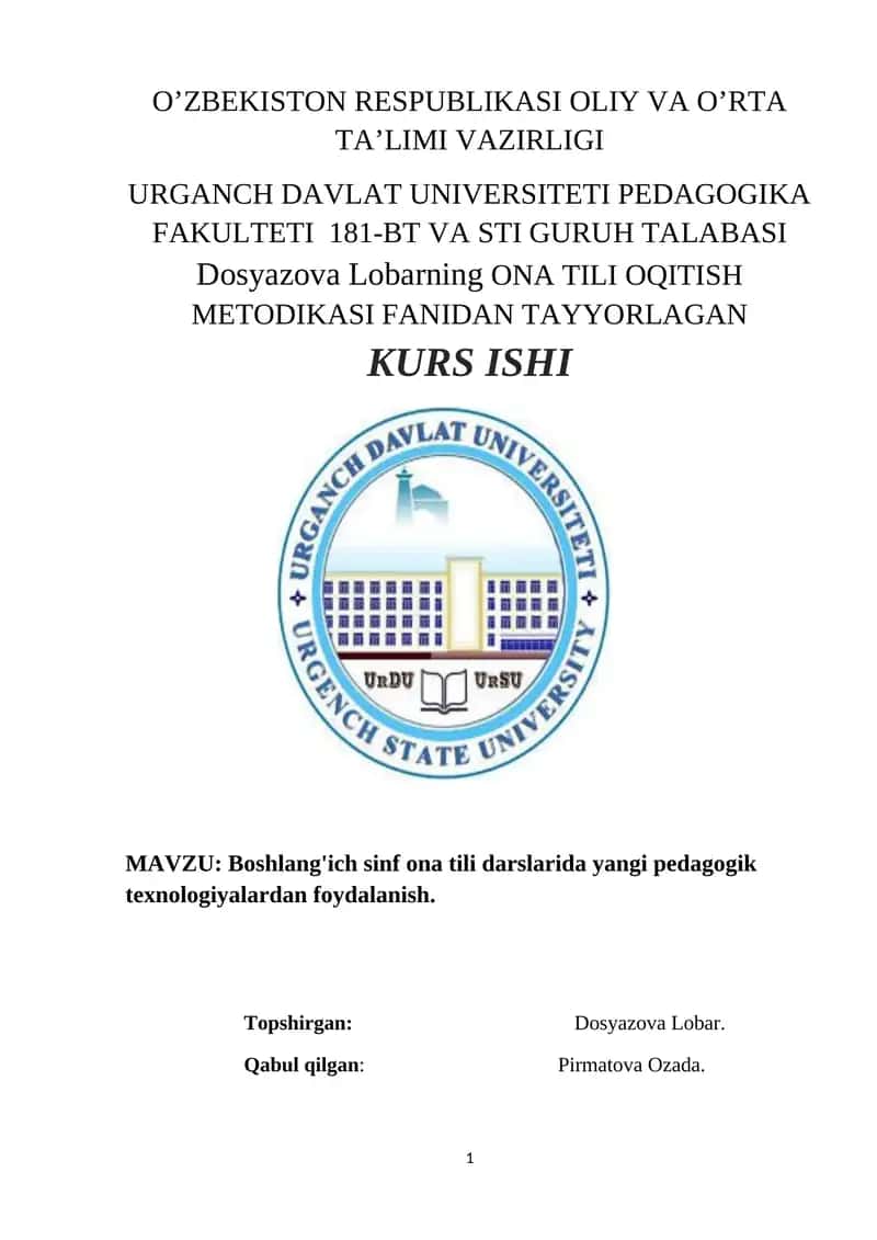Dosyazova Lobarning ONA TILI OQITISH METODIKASI FANIDAN TAYYORLAGAN