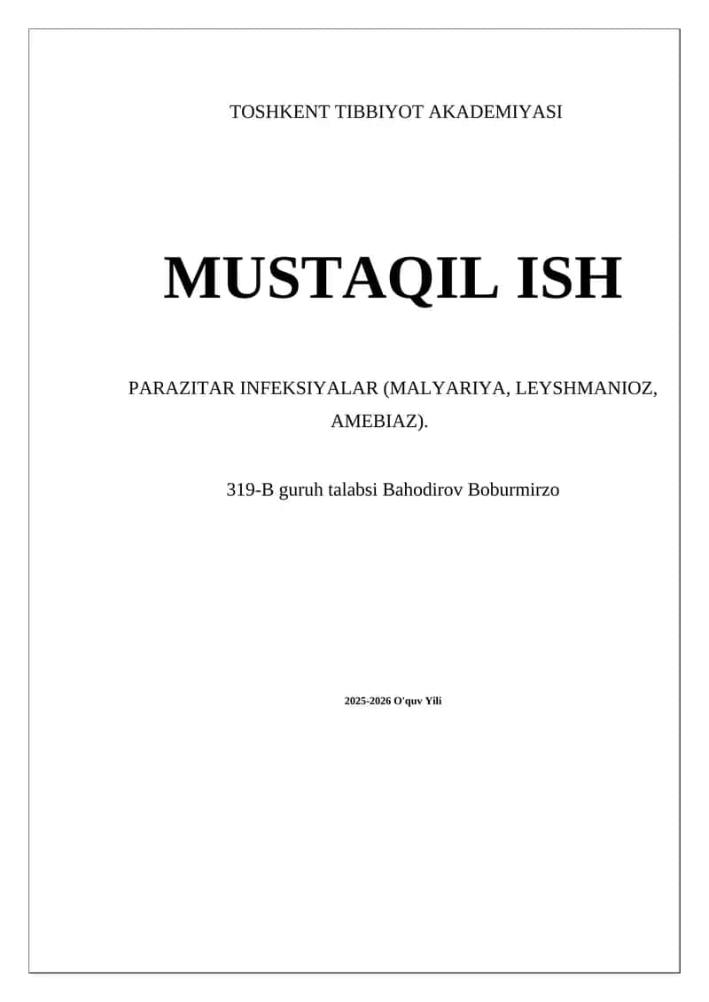 Parazitar infeksiyalar (Malyariya, Leyshmanioz, Amebiaz)