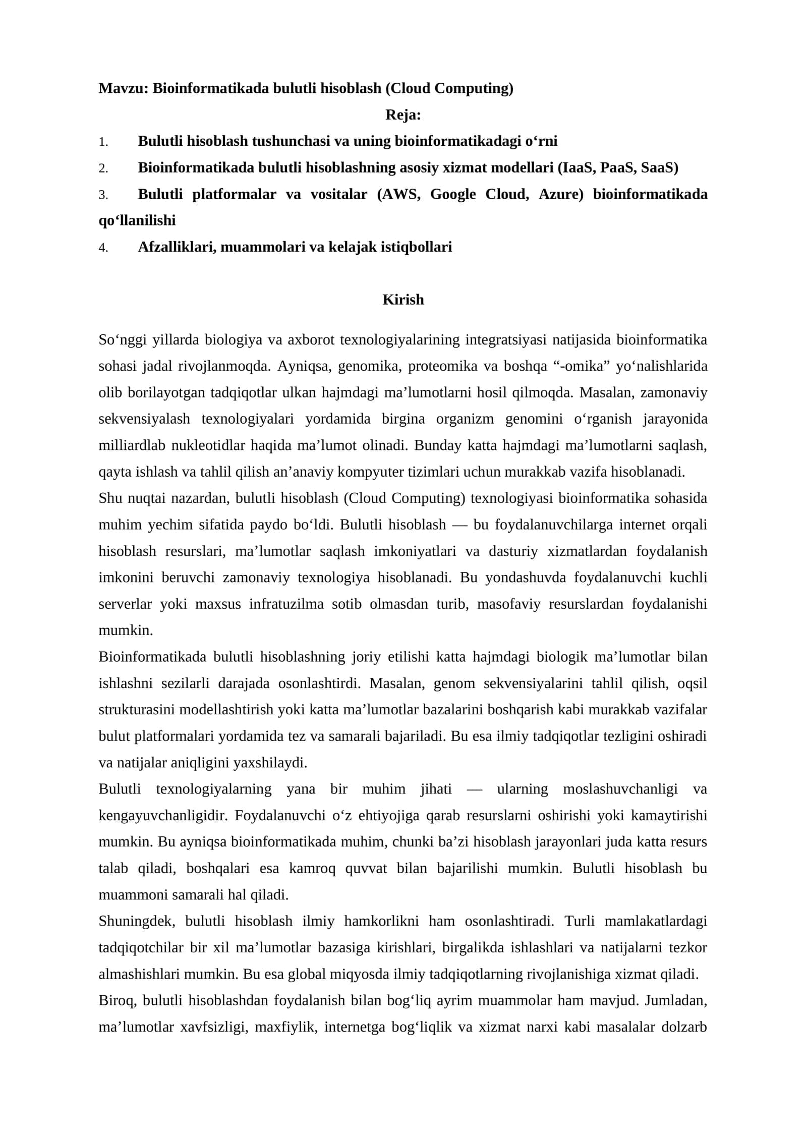 Bioinformatikada bulutli hisoblash (Cloud Computing)