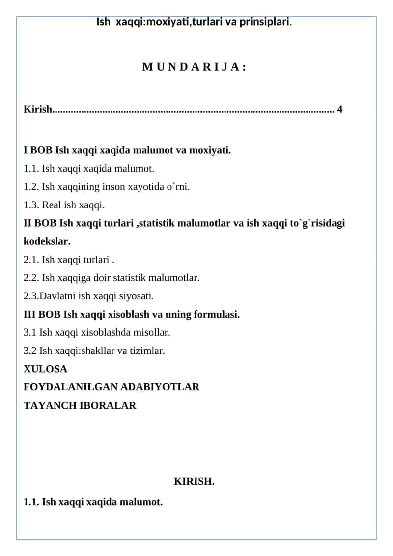 Ish xaqqi: moxiyati, turlari va prinsiplari