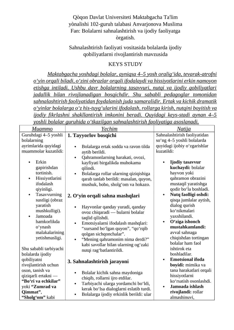 Bolalarni sahnalashtirish va ijodiy faoliyatga òrgatish