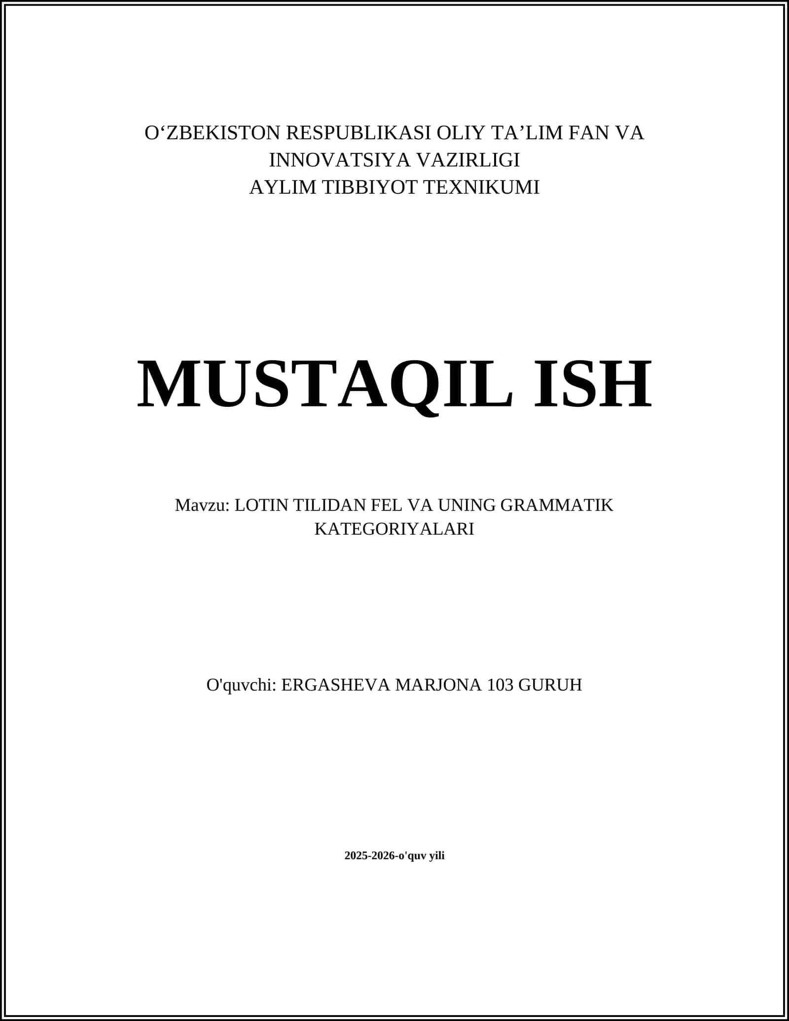 LOTIN TILIDAN FEL VA UNING GRAMMATIK KATEGORIYALARI
