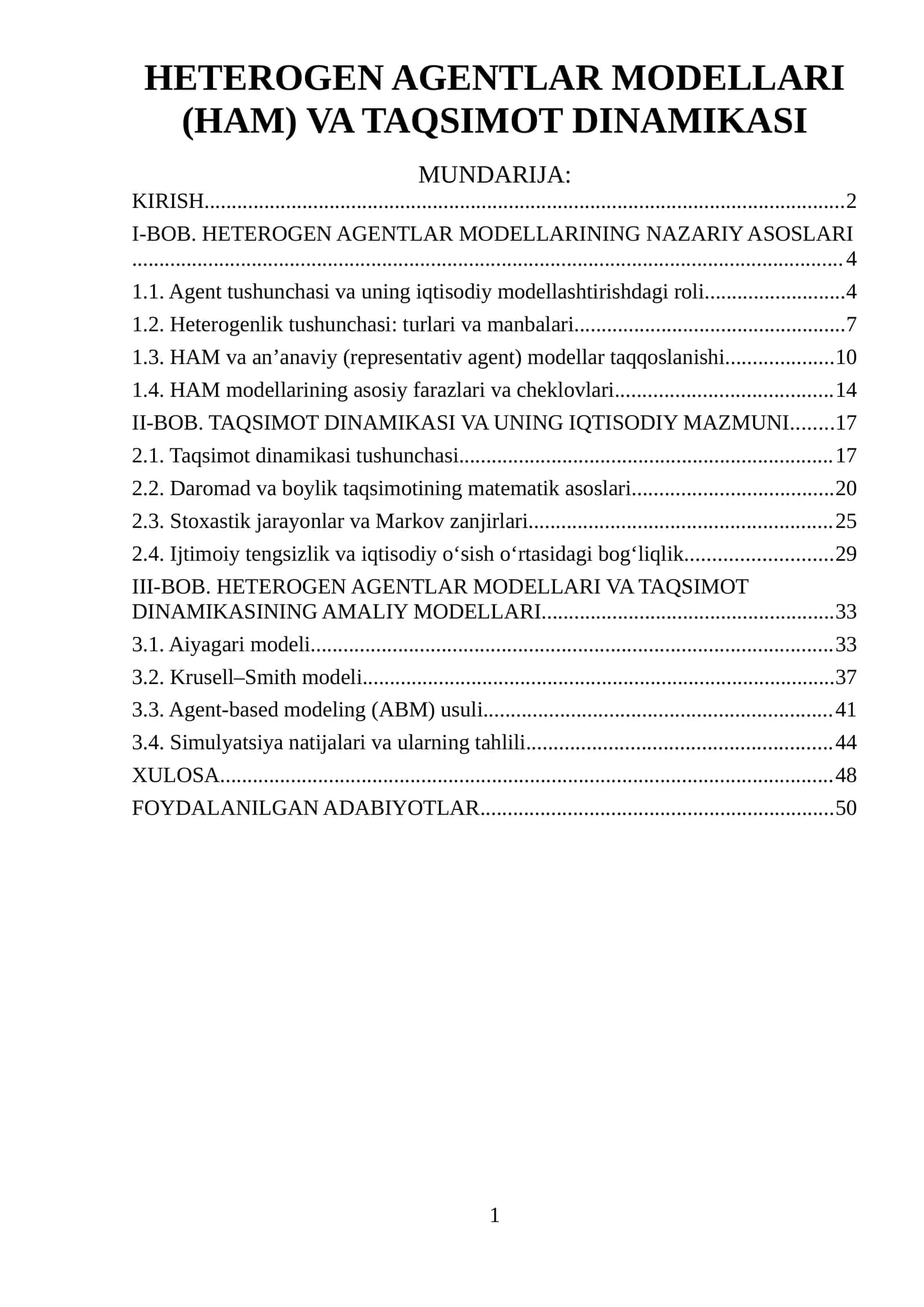 HETEROGEN AGENTLAR MODELLARI (HAM) VA TAQSIMOT DINAMIKASI
