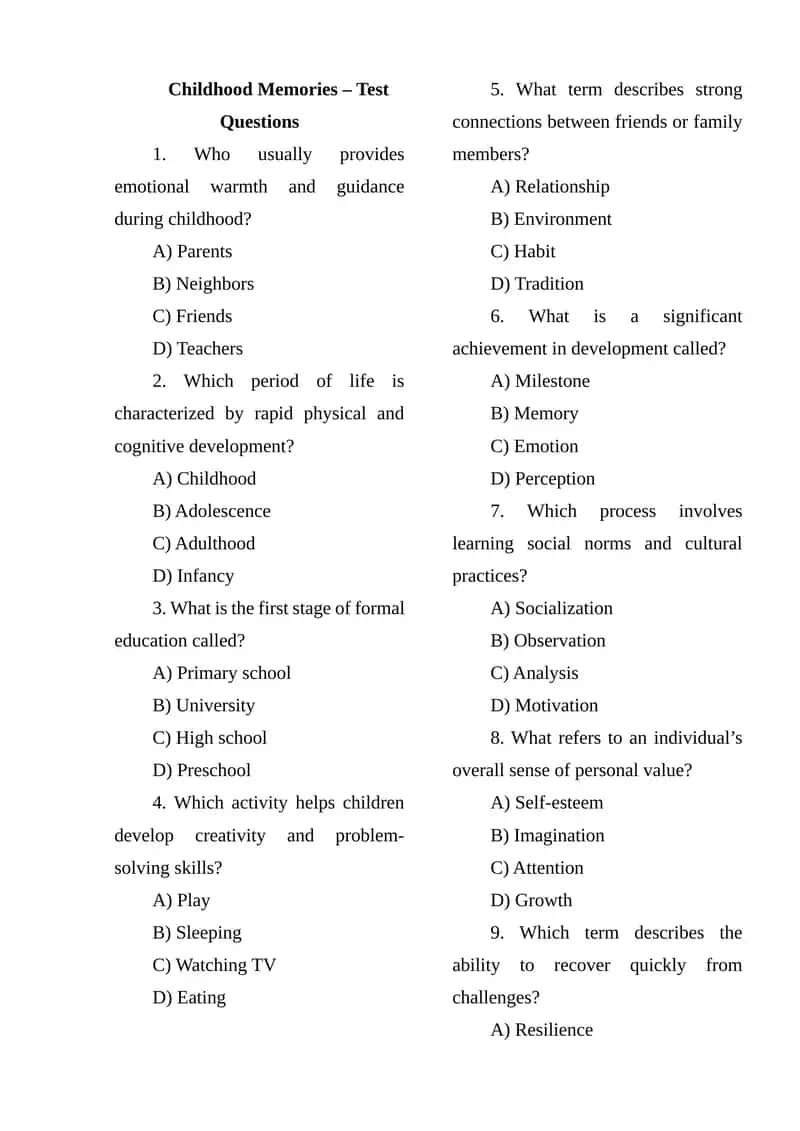 Childhood Memories – Test Questions