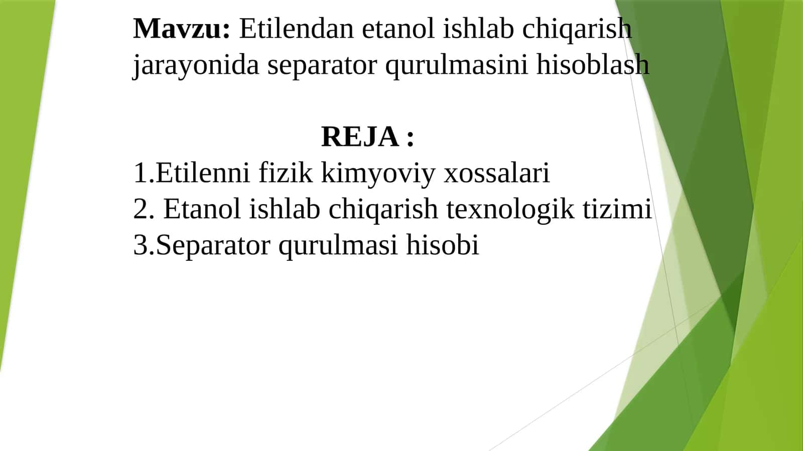 Etilendan etanol ishlab chiqarish jarayonida separator qurulmasini hisoblash kurs loyihasi