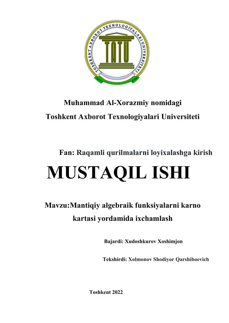 Mantiqiy algebraik funksiyalarni karno kartasi yordamida ixchamlash