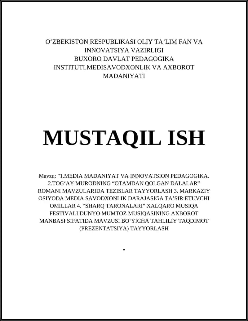 To‘g‘ay Murodning “Otamdan qolgan dalalar” romani mavzularida tezislarni tayyorlash