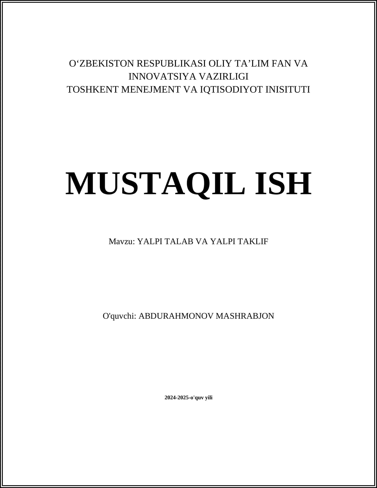 Yalpi talab va yalpi taklif