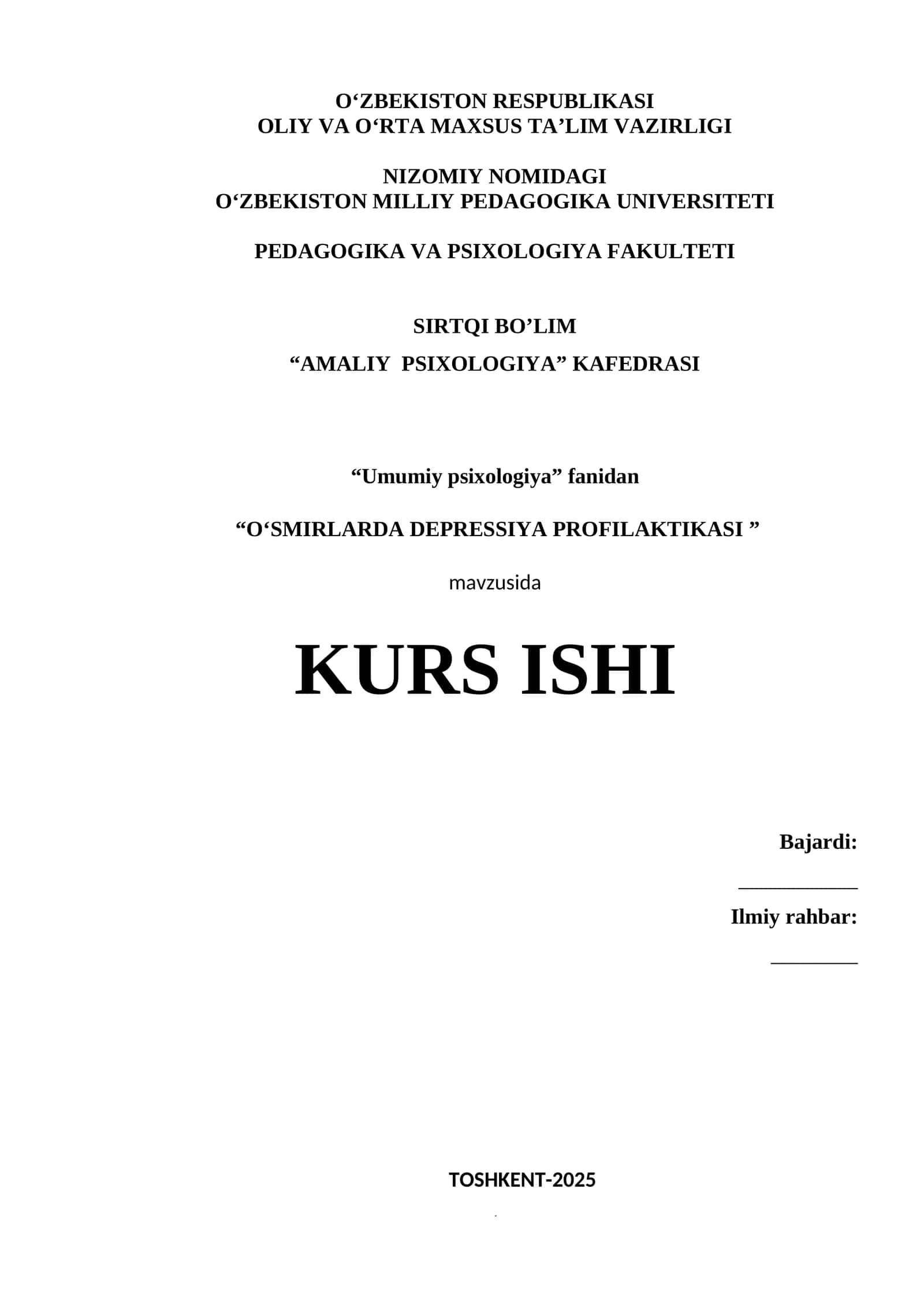 O'smirlarda depressiya profilaktikasi (kurs ishi)
