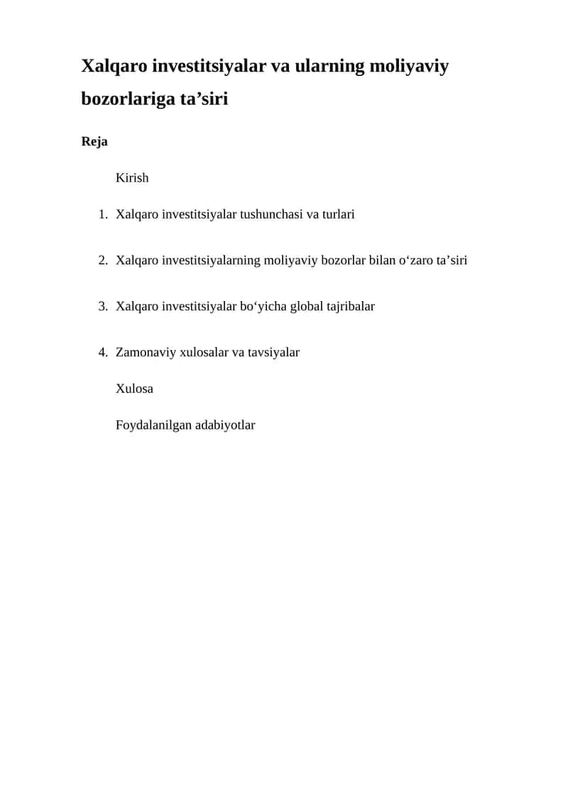 Xalqaro investitsiyalar va ularning moliyaviy bozorlariga ta’siri