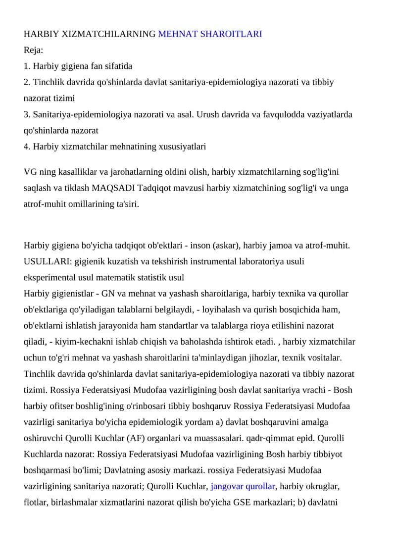 Harbiy Xizmatchilarning Mehnat Sharoitlari