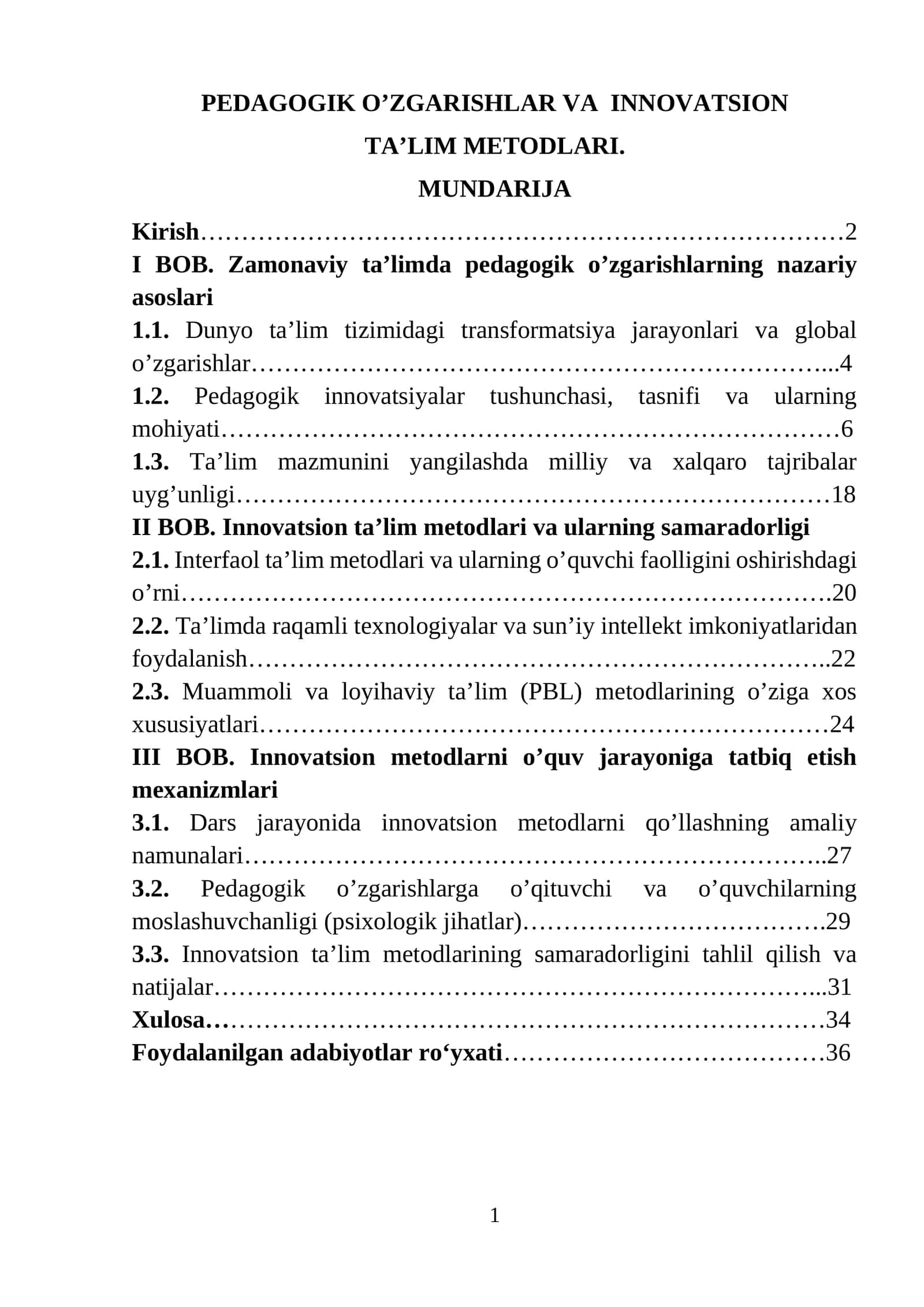 PEDAGOGIK O’ZGARISHLAR VA INNOVATSION TA’LIM METODLARI