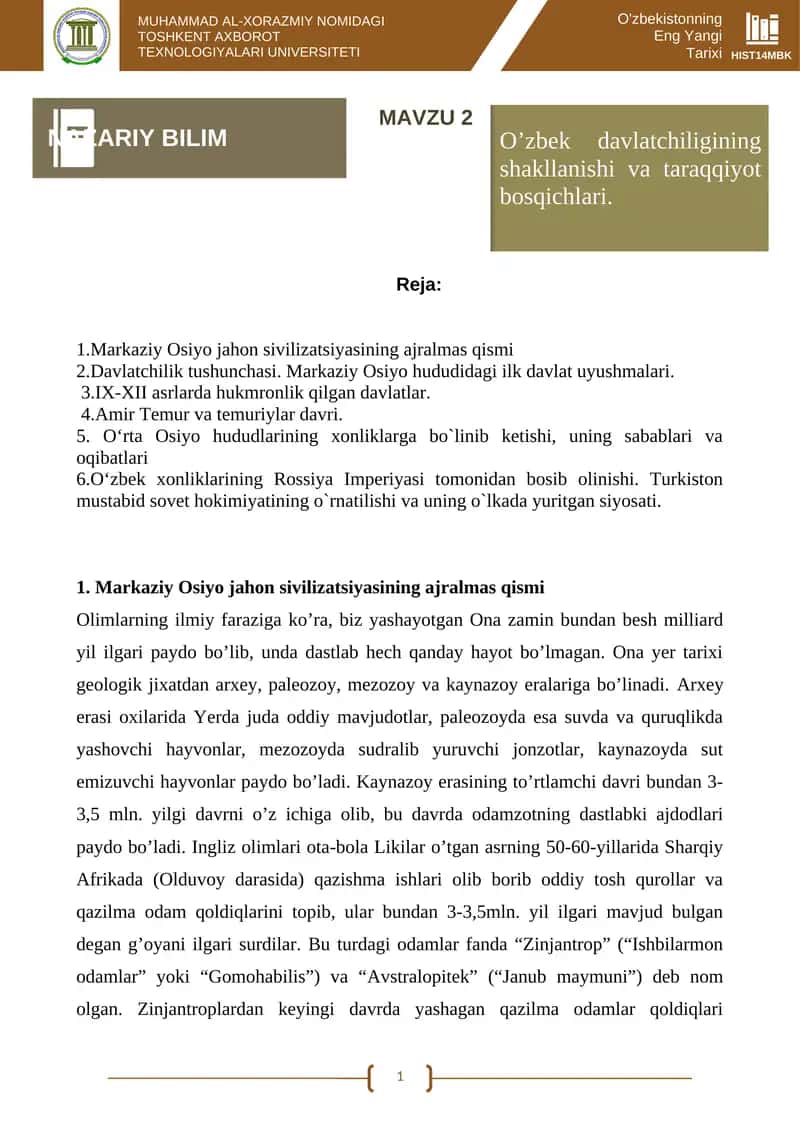 O'zbekistonning Eng Yangi Tarixi