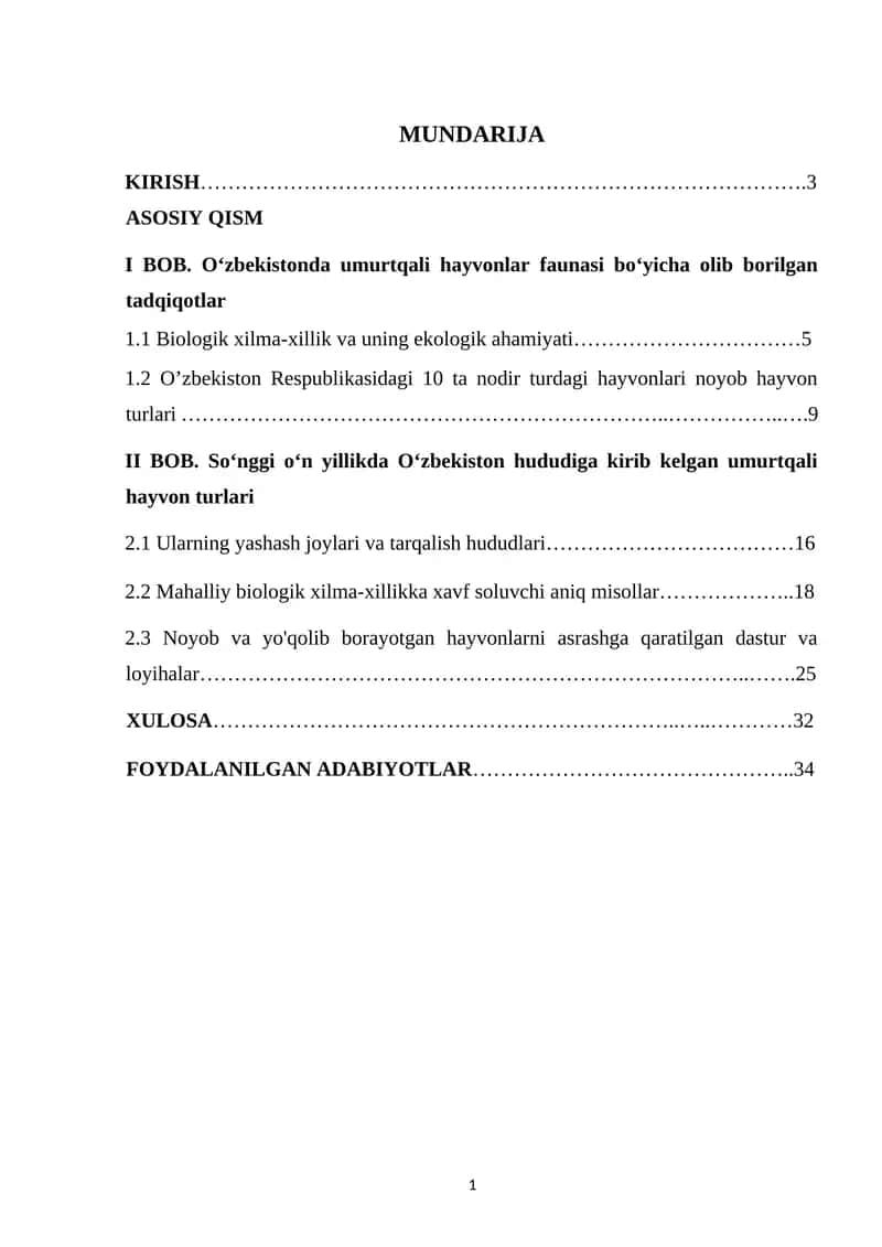 Zoologiya Oʻzbekiston hududiga oxirgi on yillikda kirib kelgan umurtqali hayvon ularning biologik xilma xillikga tasiri kurs ishi