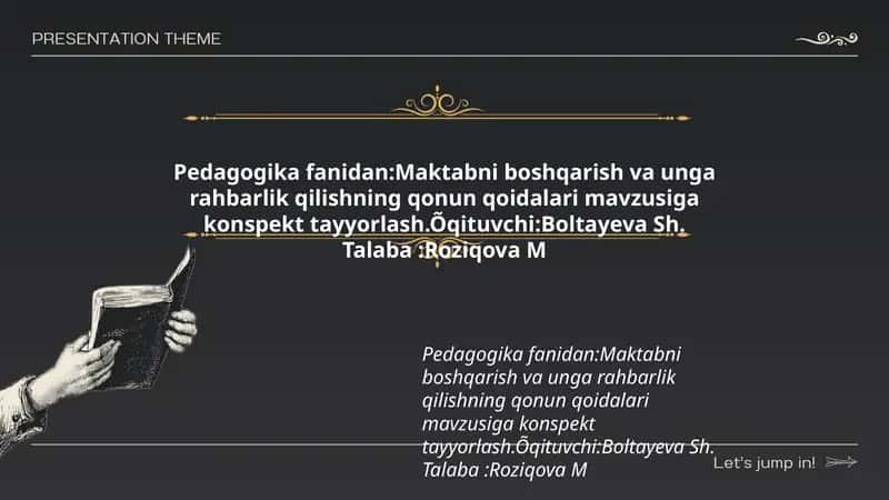 Maktabni boshqarish va unga rahbarlik qilishning qonun qoidalari mavzusiga konspekt tayyorlash