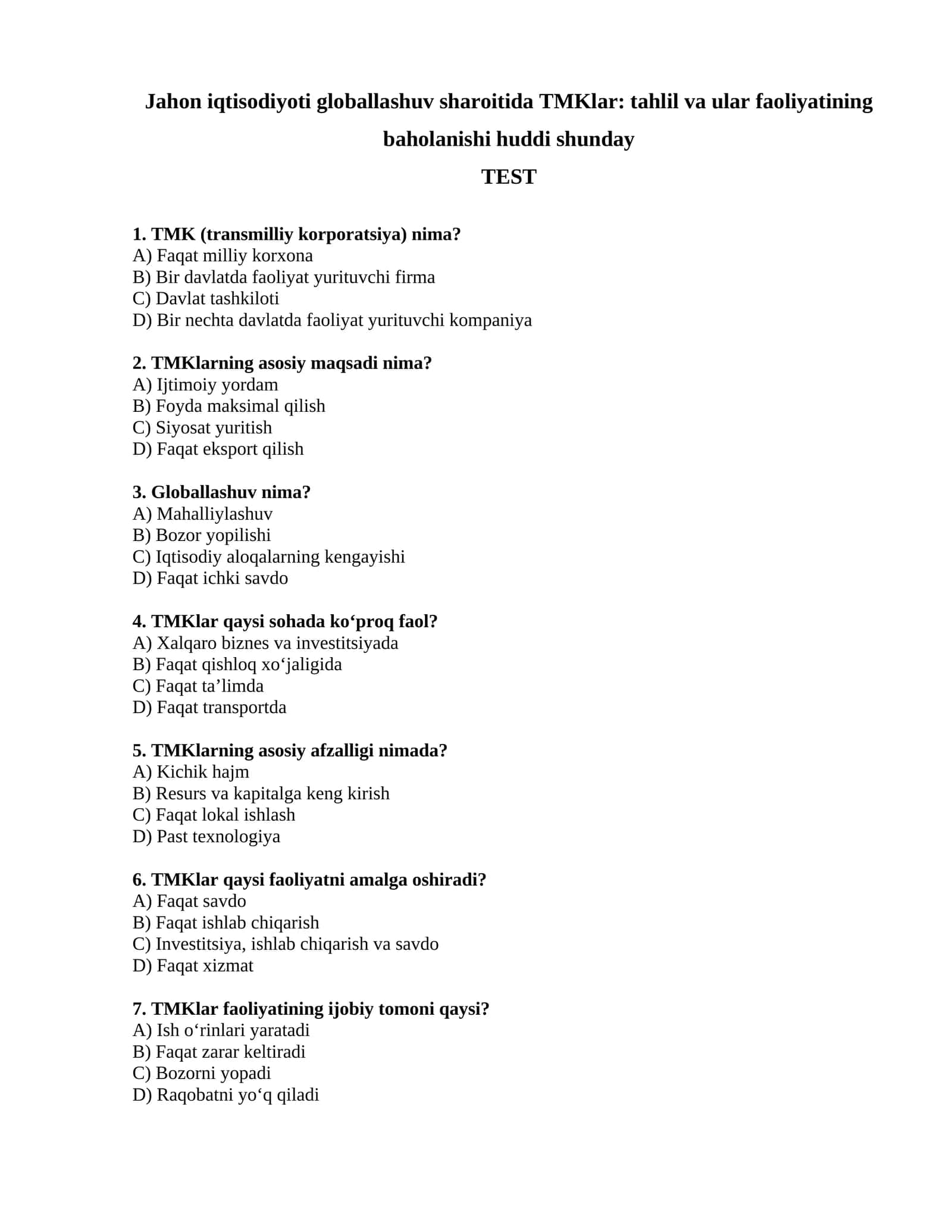 TMKlar: tahlil va ular faoliyatining baholanishi