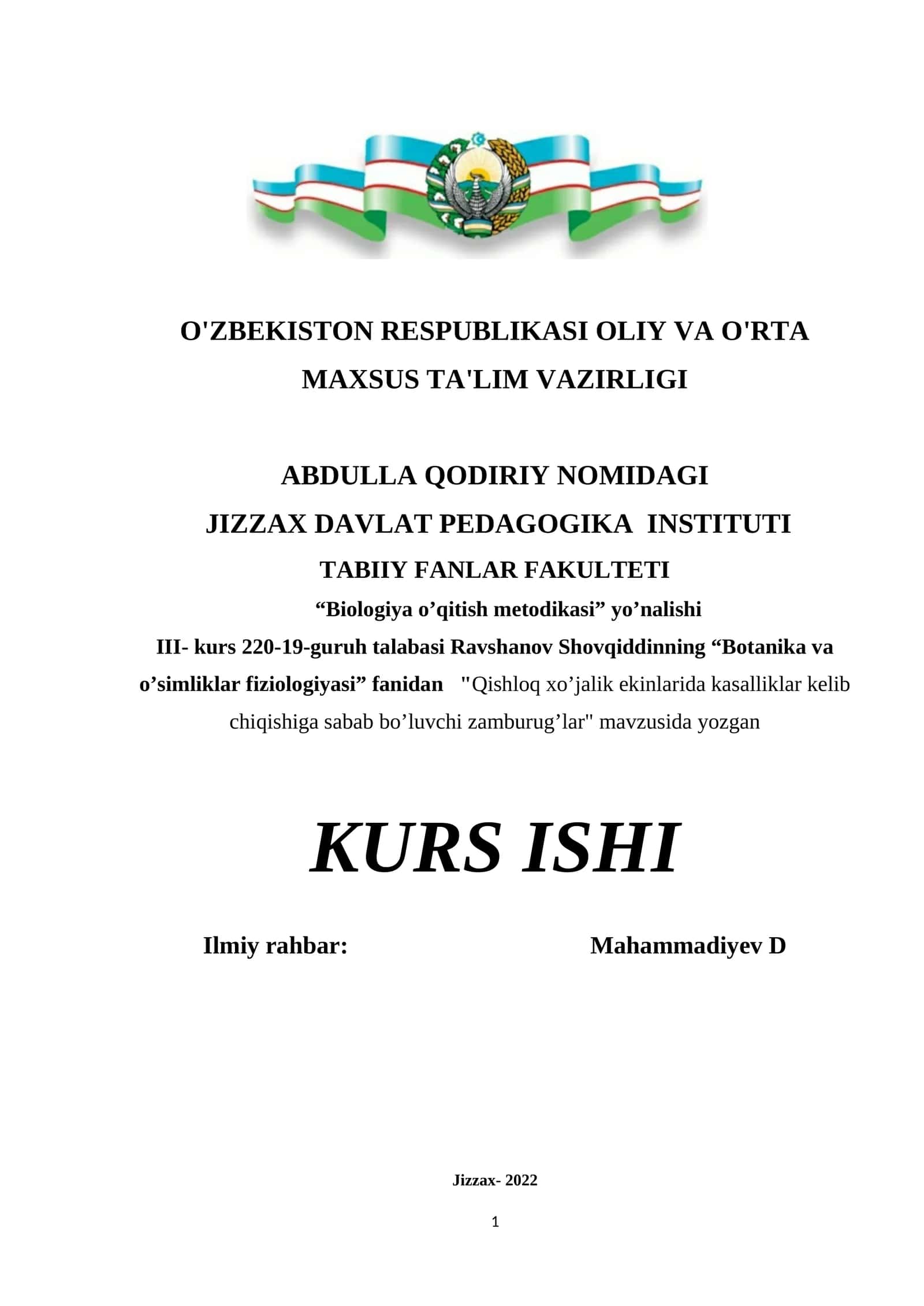 Qishloq xo’jalik ekinlarida kasalliklar kelib chiqishiga sabab bo’luvchi zamburug’lar