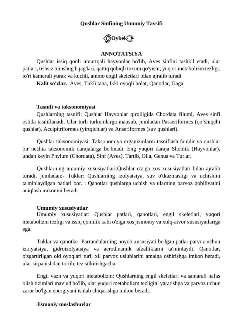 Qushlar Sinfining Umumiy Tavsifi