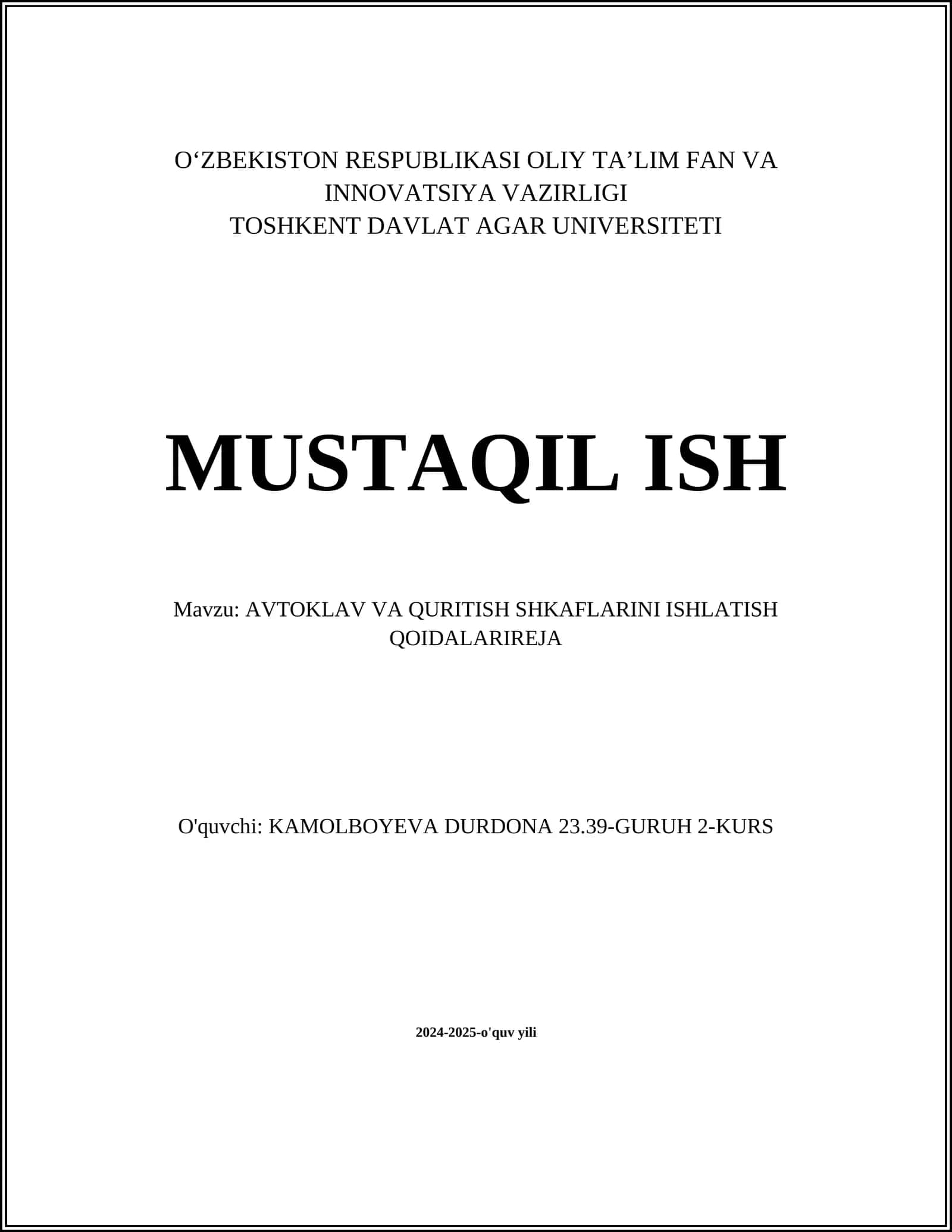 AVTOKLAV VA QURITISH SHKAFLARINI ISHLATISH QOIDALARIREJA