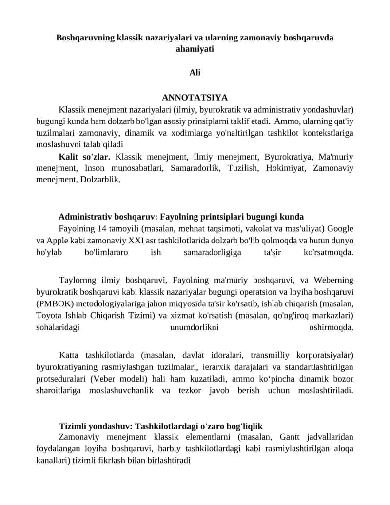 Klassik menejment nazariyalari (ilmiy, byurokratik va administrativ yondashuvlar)