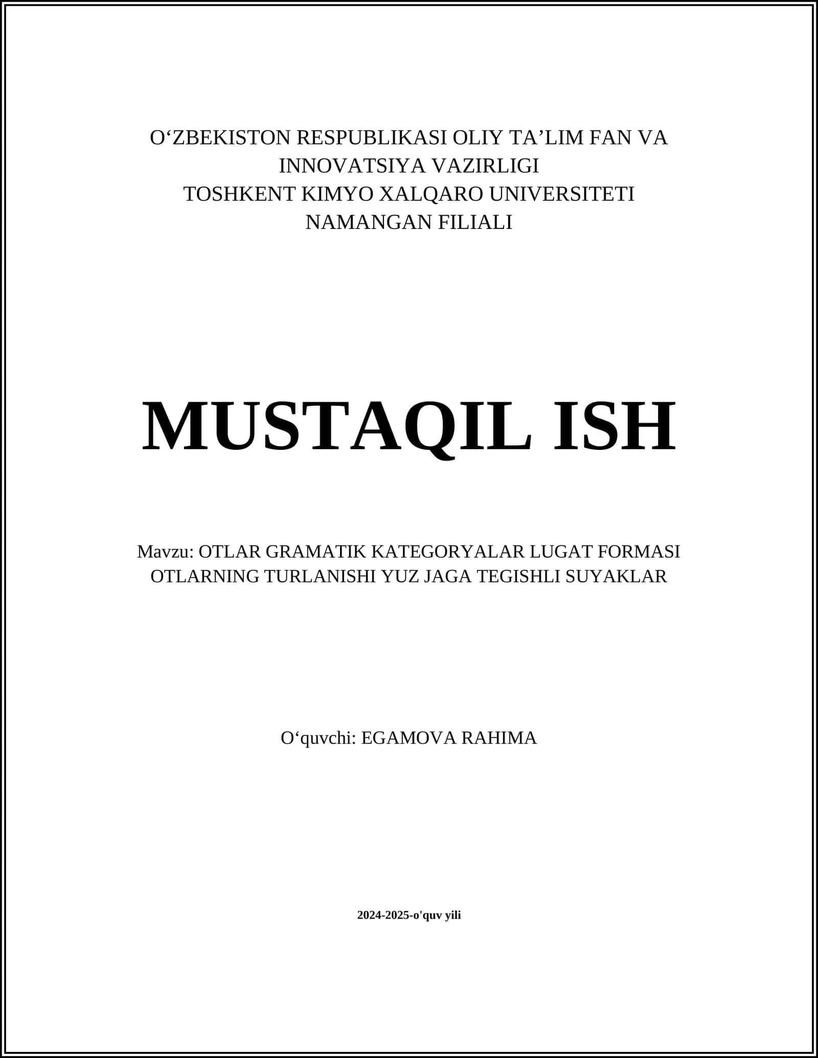 OTLAR GRAMATIK KATEGORYALAR LUGAT FORMASI OTLARNING TURLANISHI YUZ JAGA TEGISHLI SUYAKLAR