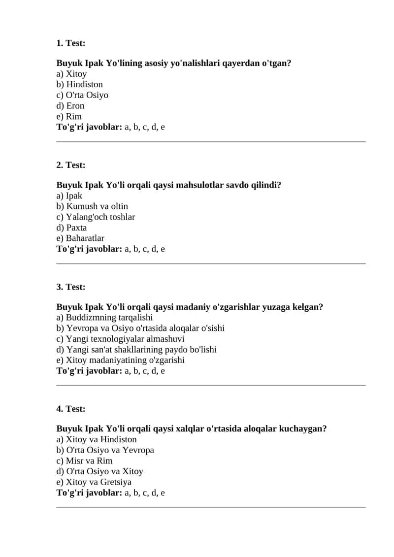 Buyuk Ipak Yo'li test savollari . javobi bilan