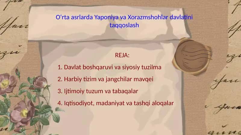 O‘rta asrlarda Yaponiya va Xorazmshohlar davlatini taqqoslash