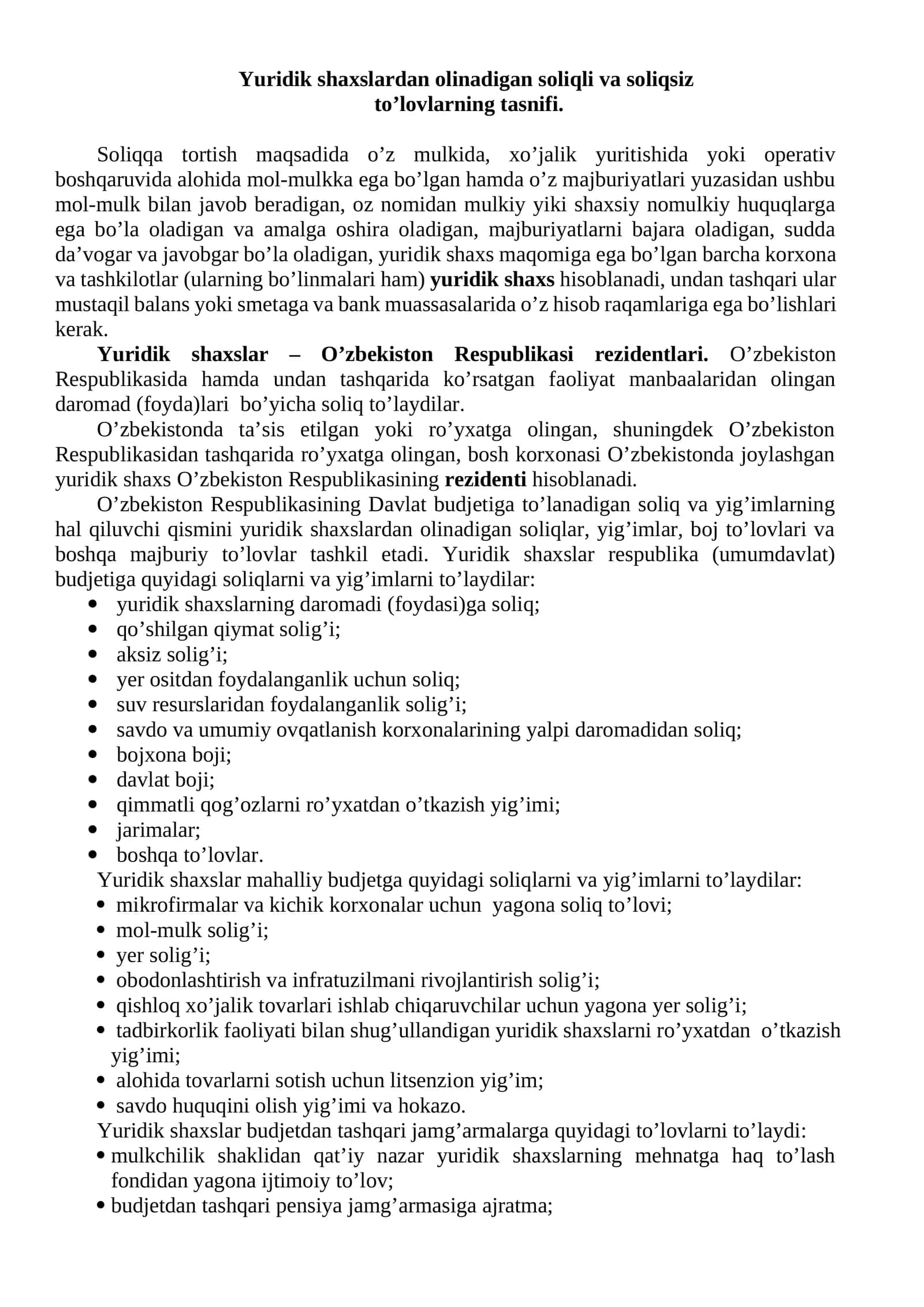 Yuridik shaxslardan olinadigan soliqli va soliqsiz to’lovlarning tasnifi