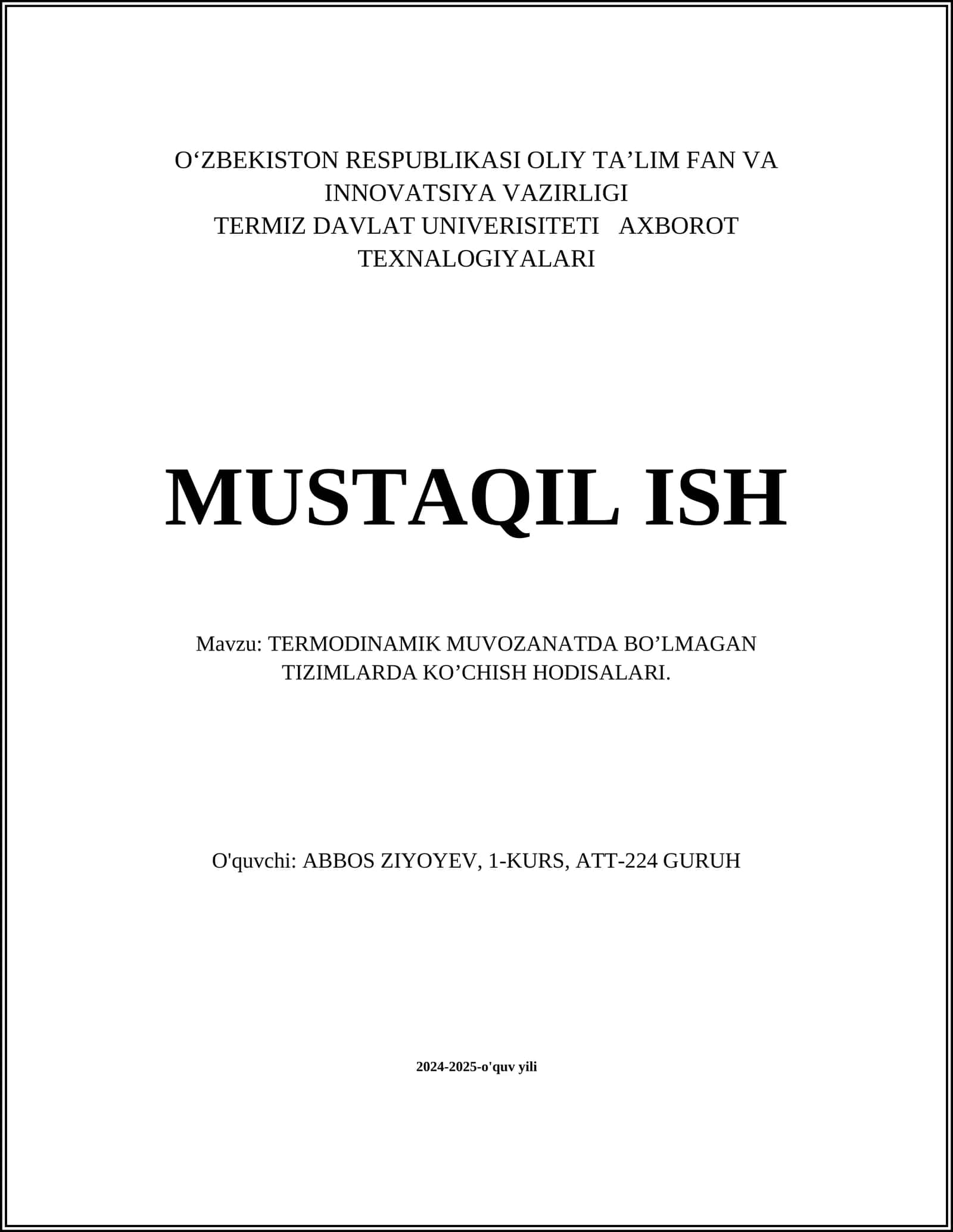 TERMODINAMIK MUVOZANATDA BO’LMAGAN TIZIMLARDA KO’CHISH HODISALARI