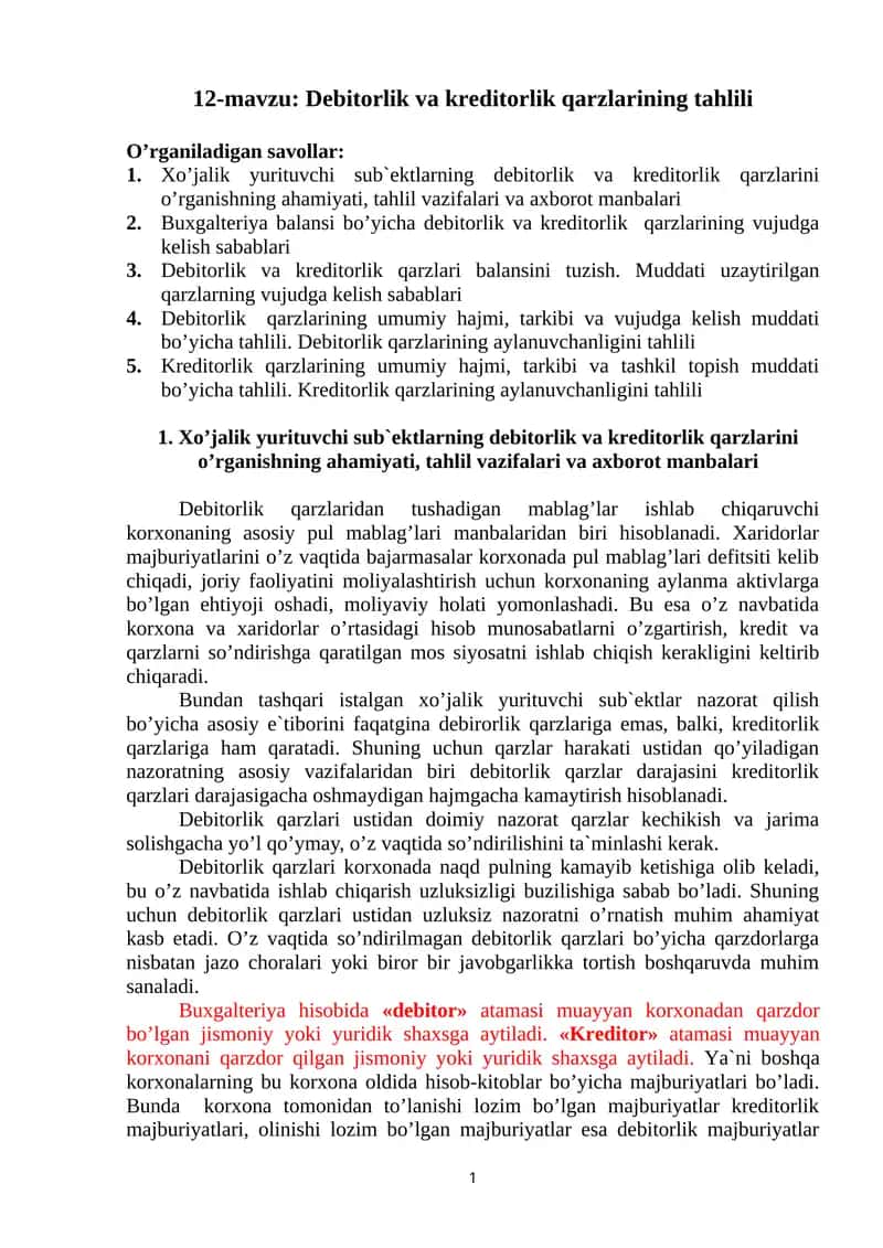 Debitоrlik va kreditоrlik qarzlarining tahlili