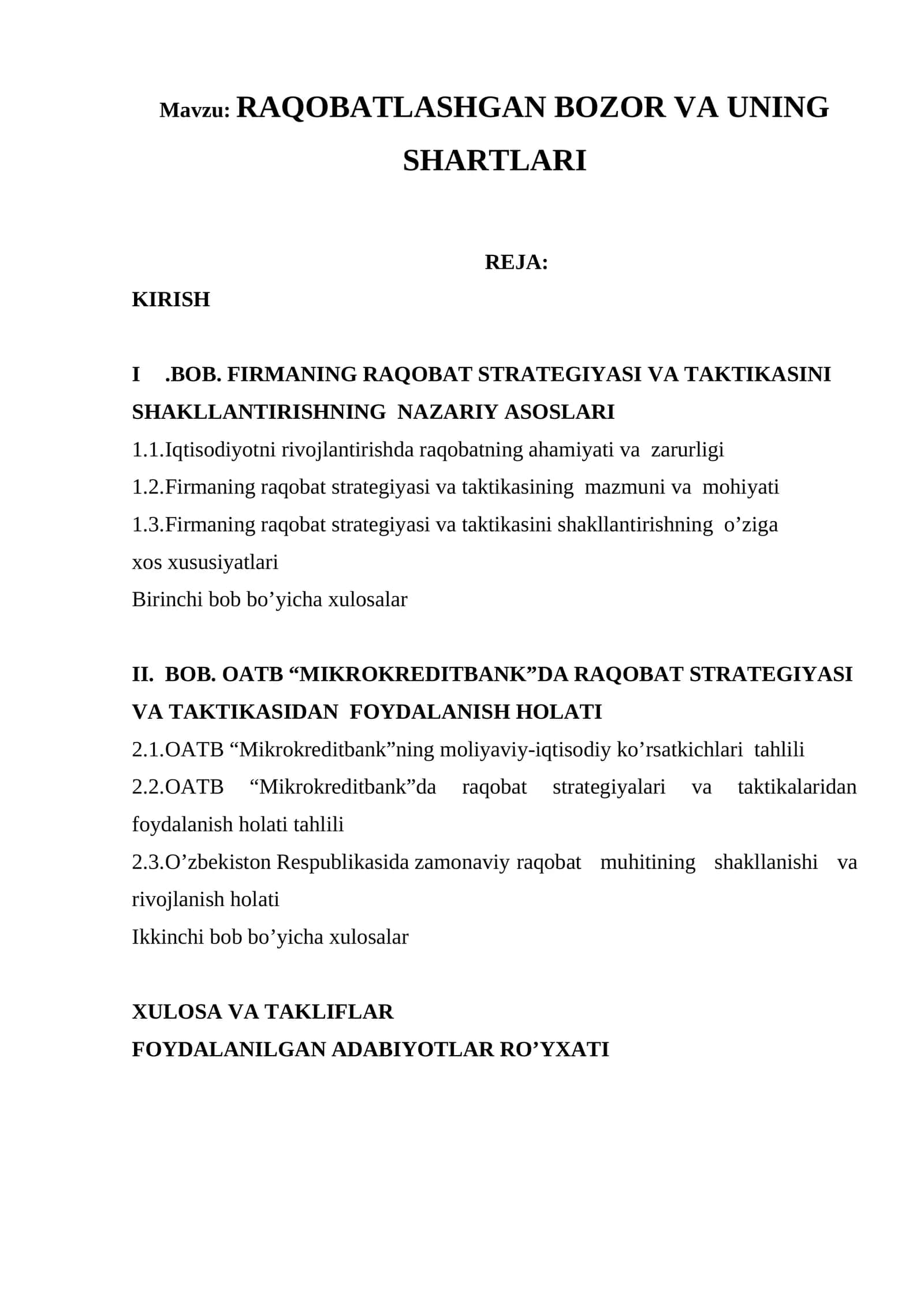 RAQOBATLASHGAN BOZOR VA UNING SHARTLARI