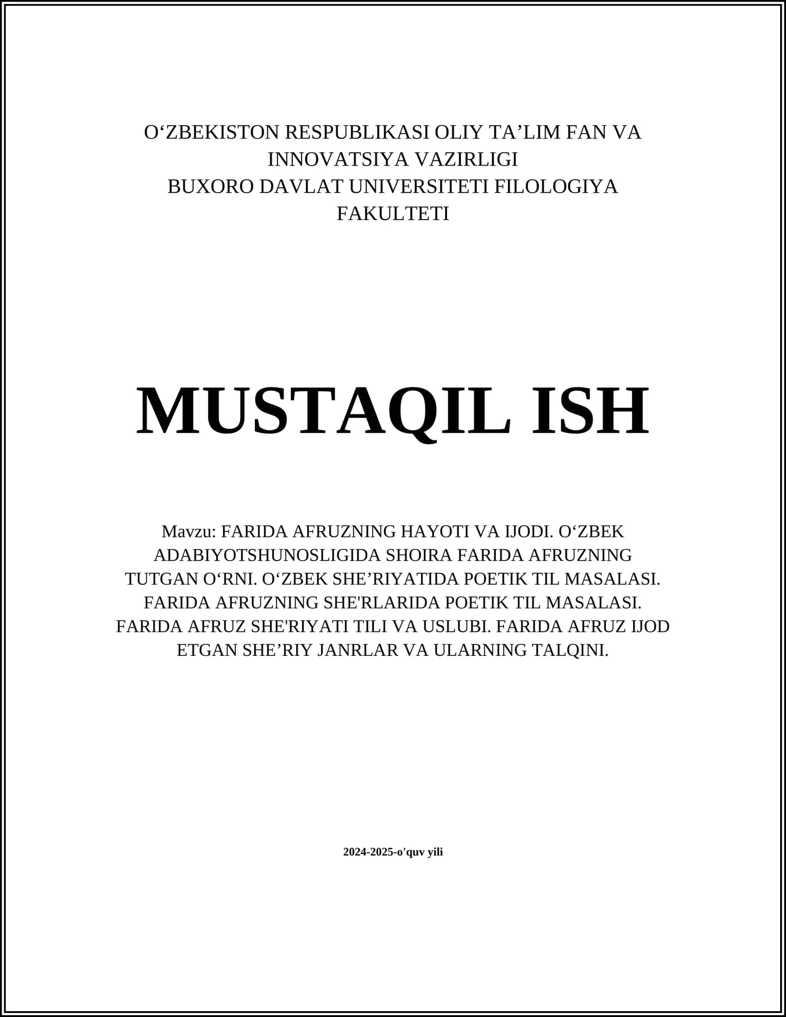 FARIDA AFRUZNING HAYOTI VA IJODI. OʻZBEK ADABIYOTSHUNOSLIGIDA SHOIRA FARIDA AFRUZNING TUTGAN OʻRNI. OʻZBEK SHEʼRIYATIDA POETIK TIL MASALASI. FARIDA AFRUZNING SHE'RLARIDA POETIK TIL MASALASI. FARIDA AFRUZ SHE'RIYATI TILI VA USLUBI. FARIDA AFRUZ IJOD ETGAN SHEʼRIY JANRLAR VA ULARNING TALQINI