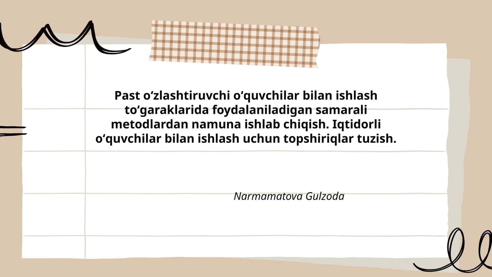 Past oʻzlashtiruvchi oʻquvchilar bilan ishlash toʻgaraklarida foydalaniladigan samarali metodlardan namuna ishlab chiqish
