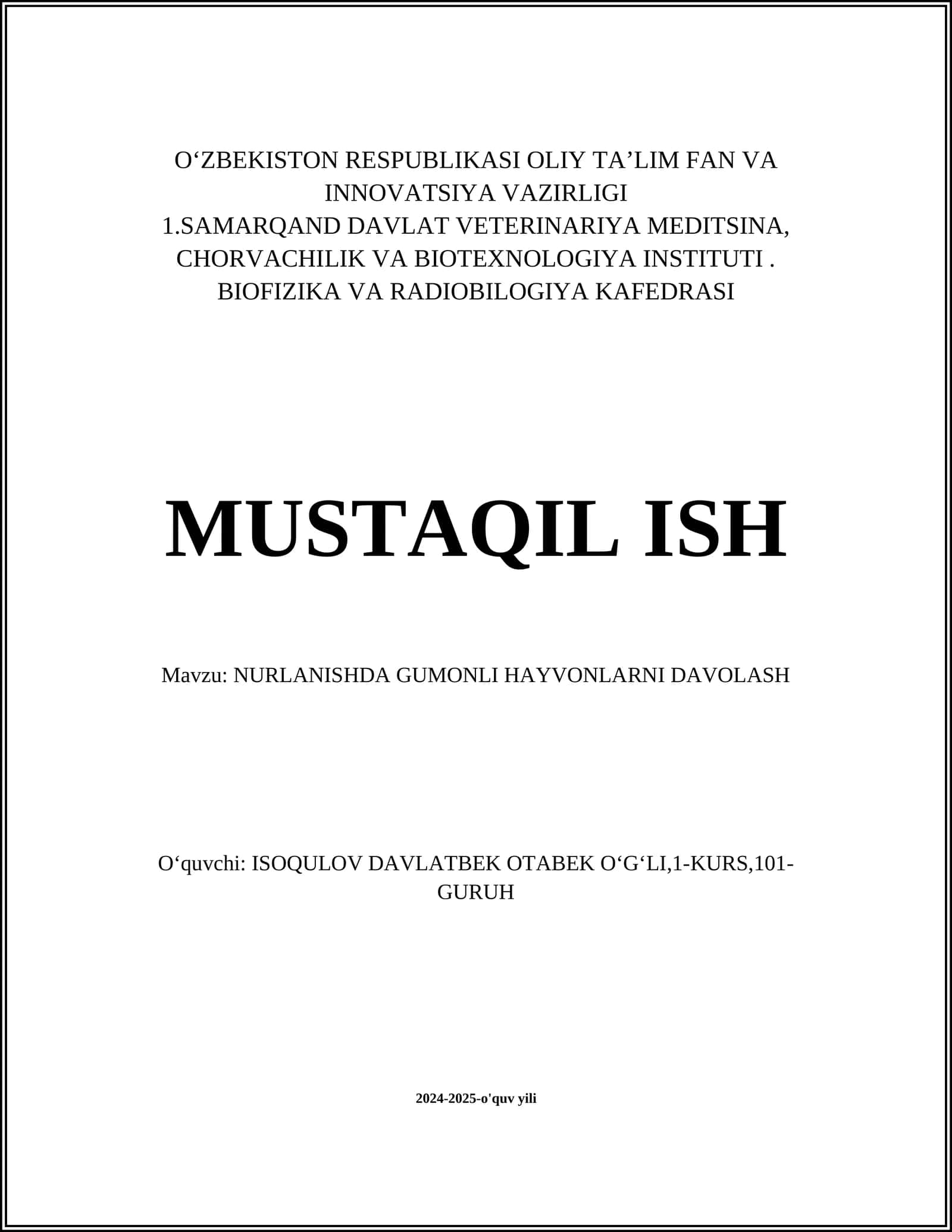 NURLANISHDA GUMONLI HAYVONLARNI DAVOLASH