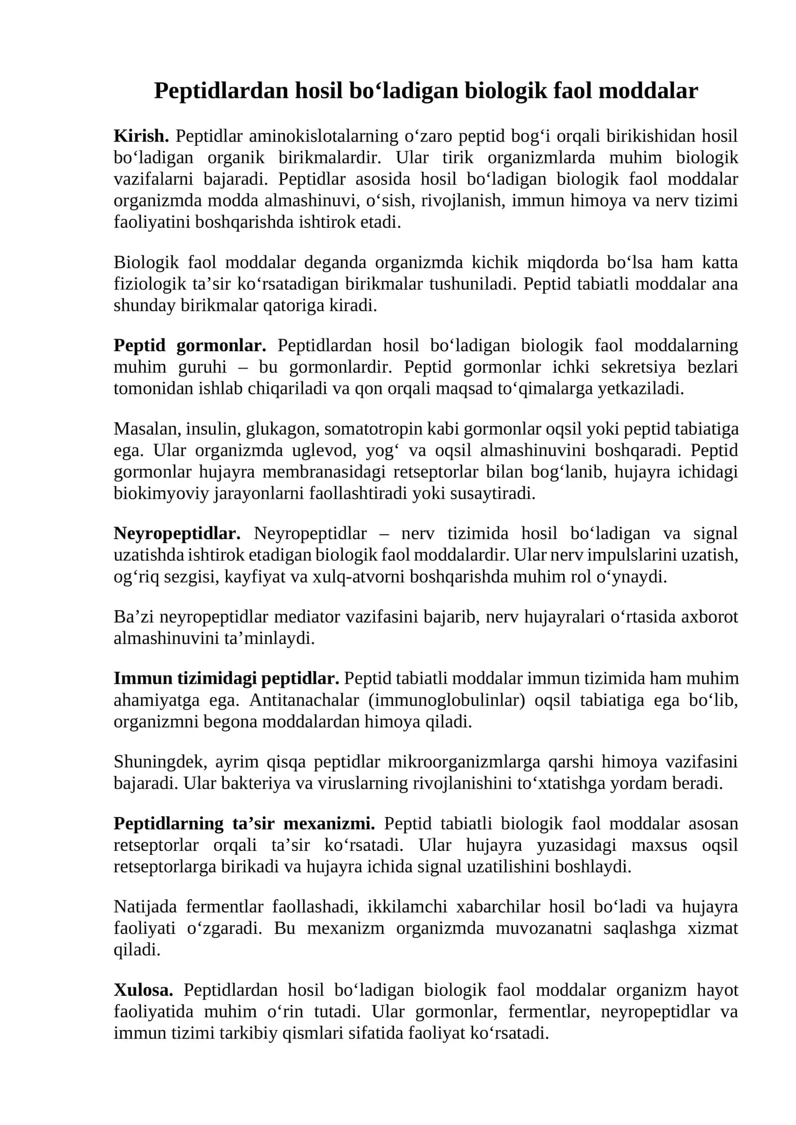 Peptidlardan hosil bo‘ladigan biologik faol moddalar