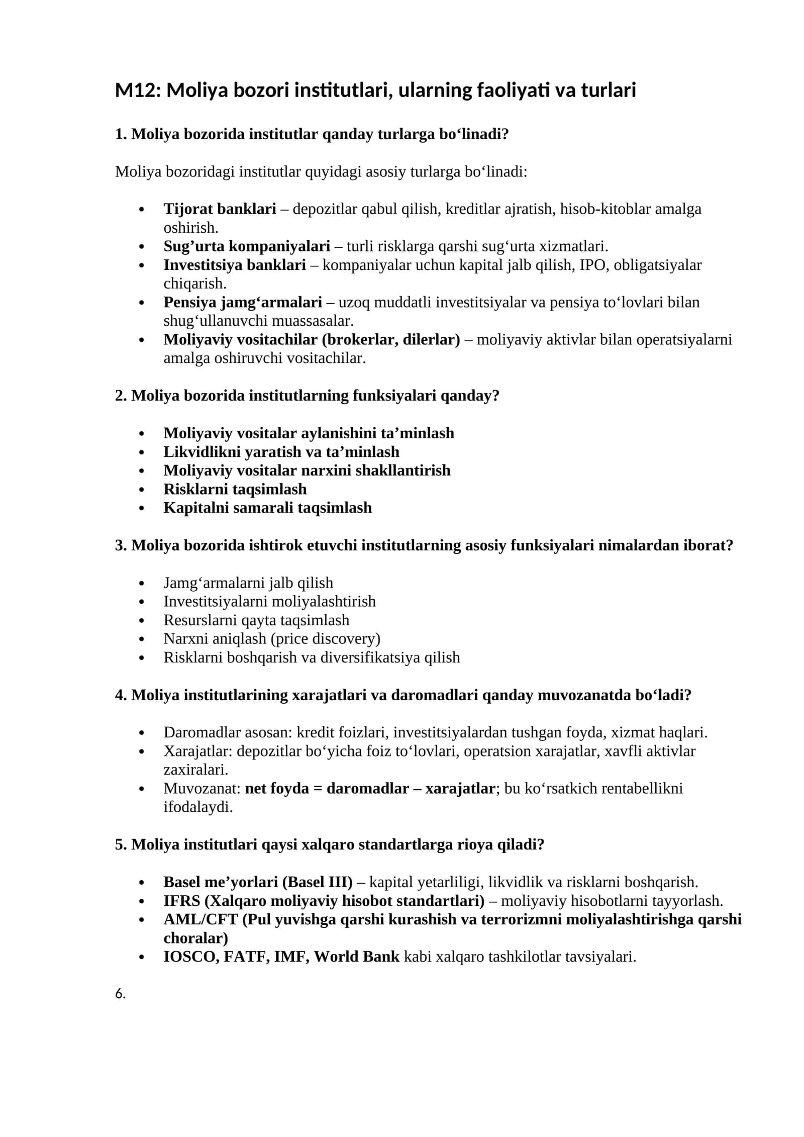 Moliya bozori institutlari, ularning faoliyati va turlari