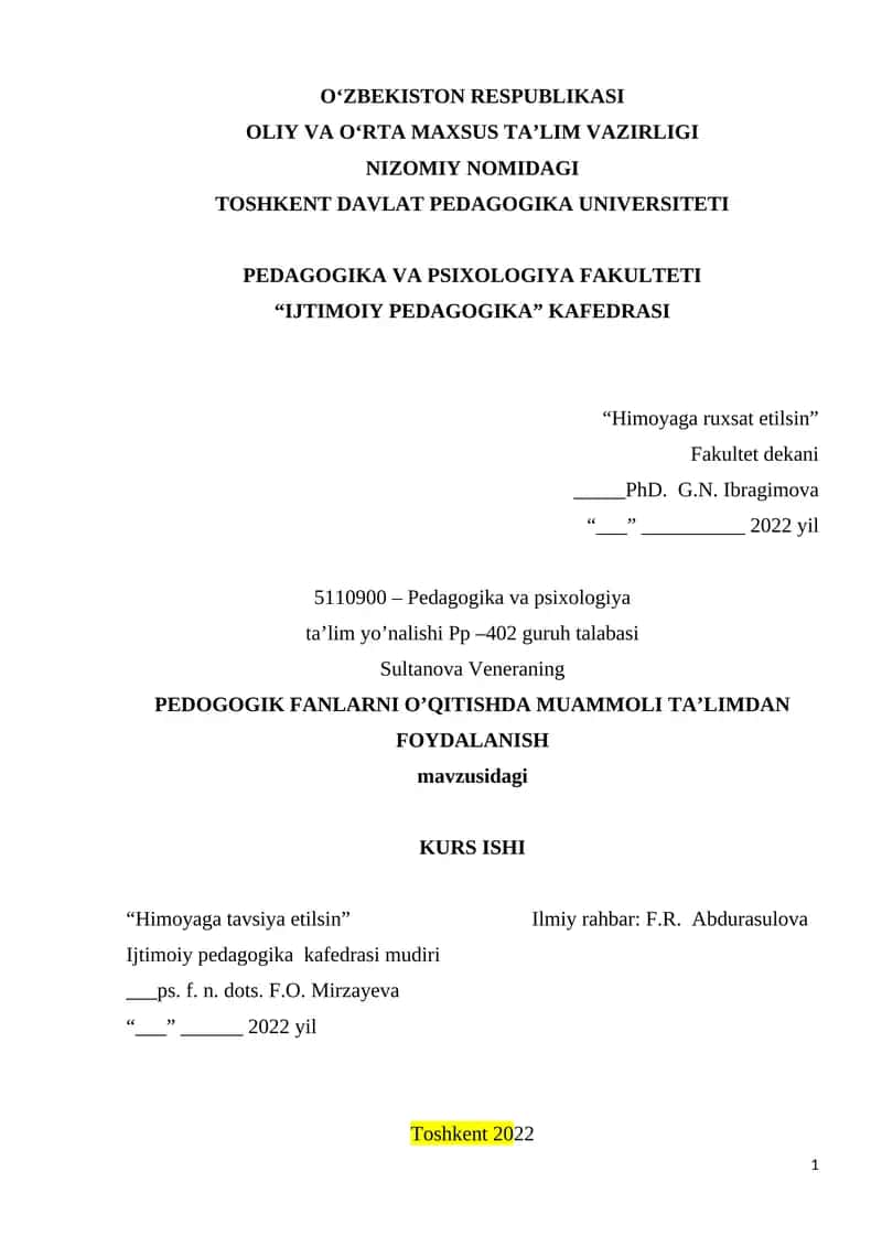 PEDOGOGIK FANLARNI O’QITISHDA MUAMMOLI TA’LIMDAN FOYDALANISH