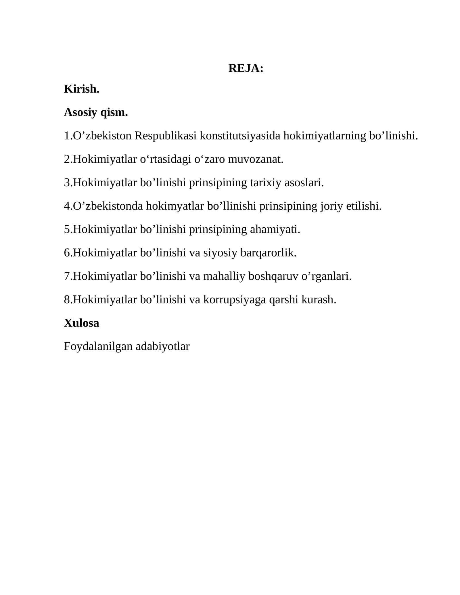 O‘zbekiston Respublikasida hokimiyatlar bo‘linishi prinsipi va uning ahamiyati