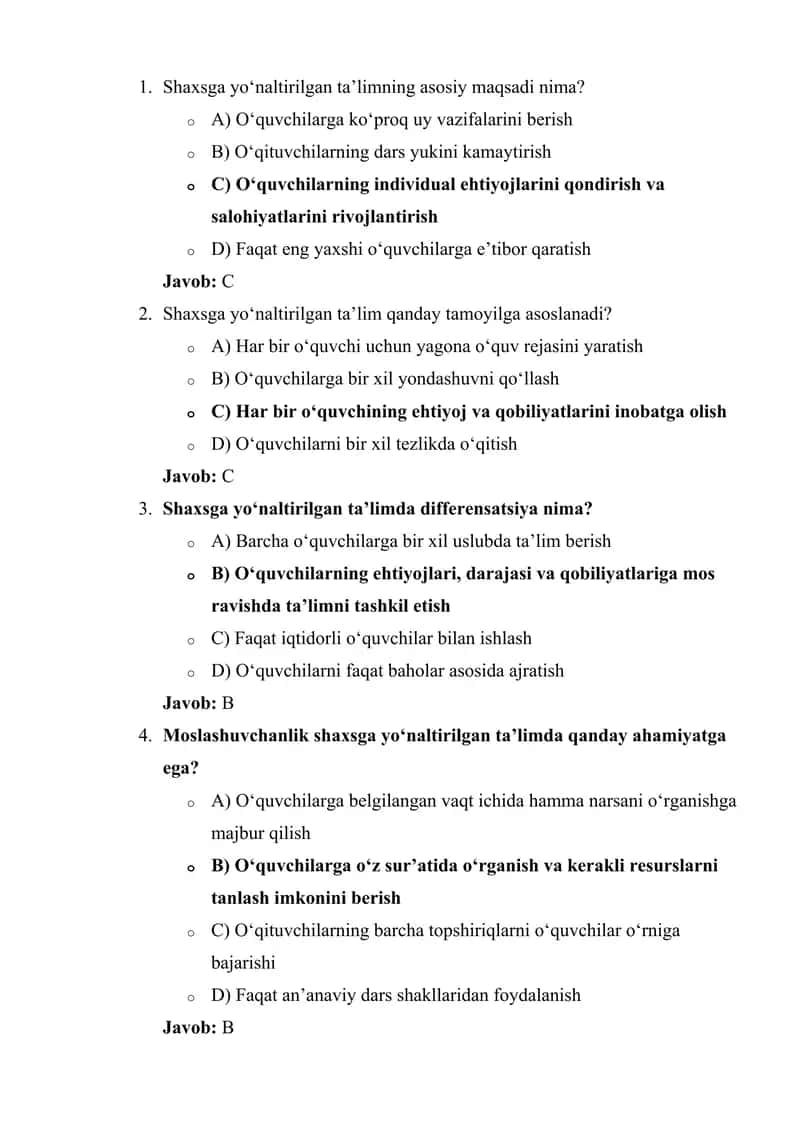 fan o'qituvchilari uchun malaka oshirish imtixonlariga tayyorgarlik test savol va javoblari,