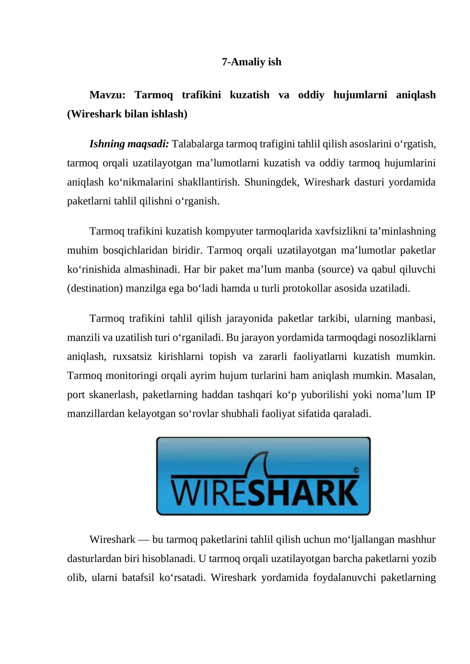 Tarmoq trafikini kuzatish va oddiy hujumlarni aniqlash (Wireshark bilan ishlash)