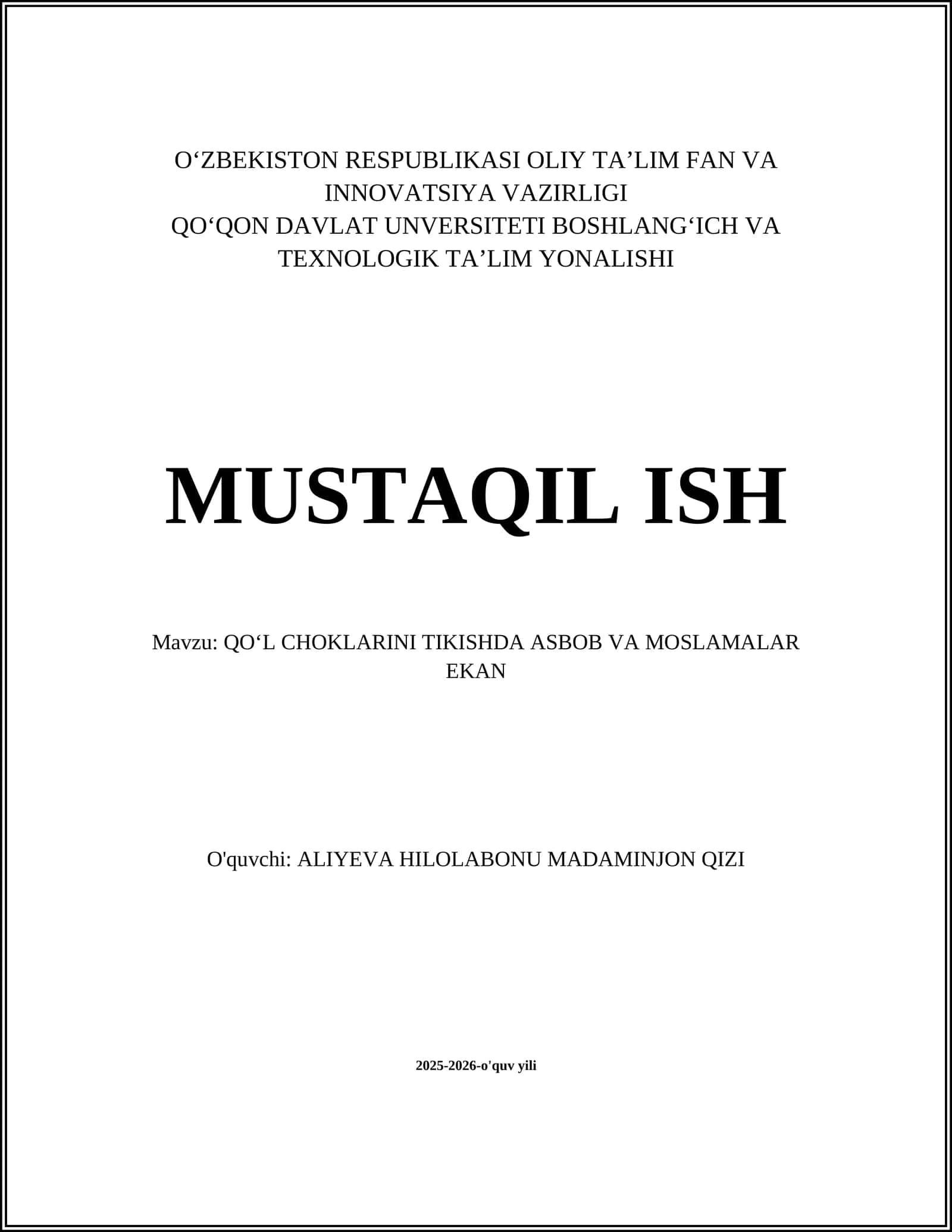 QO‘L CHOKLARINI TIKISHDA ASBOB VA MOSLAMALAR EKAN